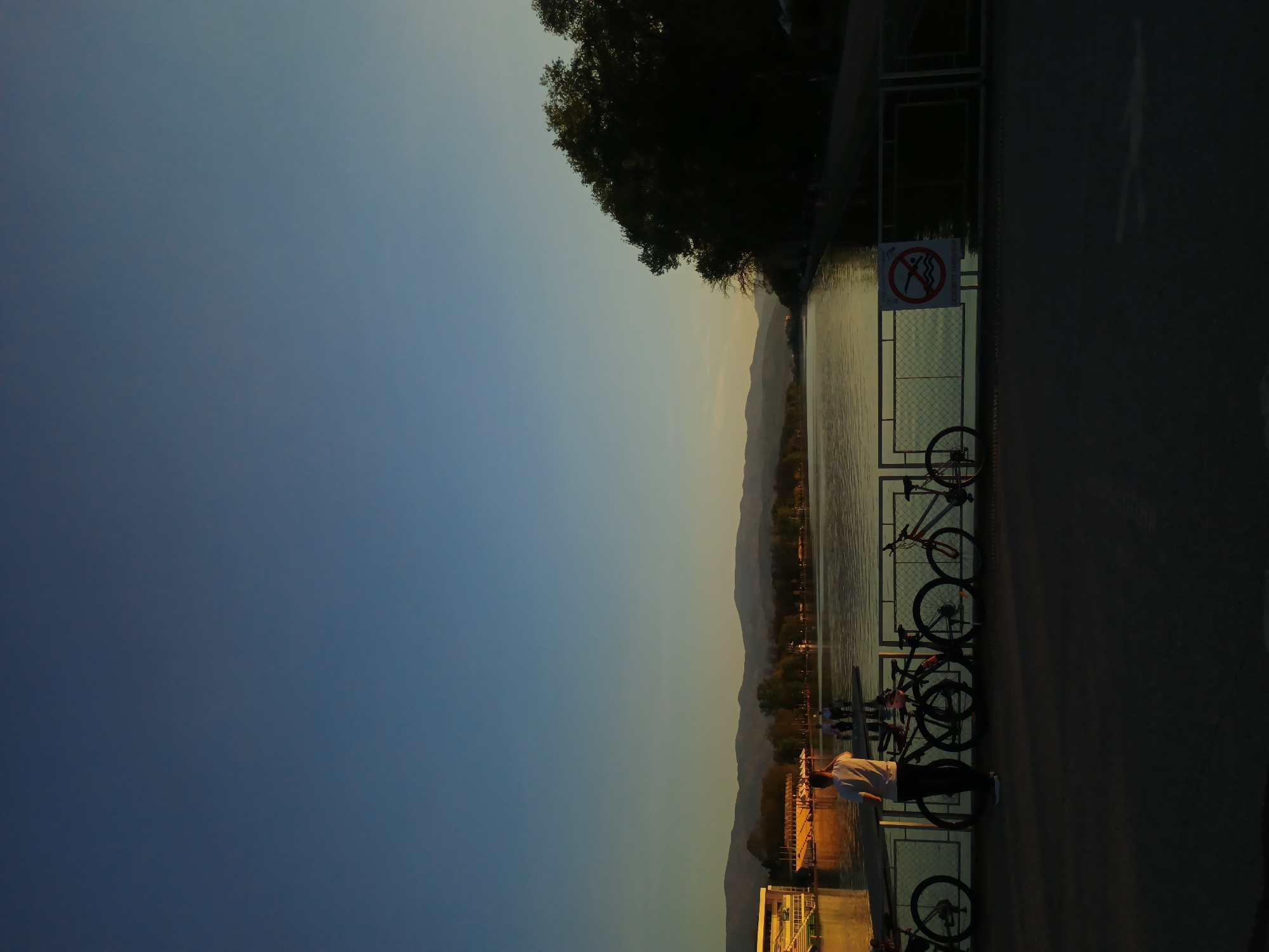 The image depicts a tranquil evening scene along a waterfront promenade in Plovdiv, Bulgaria, likely during sunset or dusk. The sky, a gradient of deep blue to a warmer, lighter tone near the horizon, is clear. Distant mountains are softly silhouetted against the setting sun's glow.
In the foreground, a paved promenade runs parallel to a body of water, possibly a river or lake, reflecting the warm light with a golden sheen. A metal railing separates the promenade from the water. Along this railing, several bicycles are parked, suggesting a common recreational activity in the area. A circular "No Swimming" sign, featuring a red border and a crossed-out swimmer symbol, is prominently displayed on the railing.
One person, dressed in a light-colored shirt and dark trousers, stands on the promenade with their back partially to the viewer, looking out over the water. Other human figures are visible further along the promenade, though less distinct. The far bank of the water body is lined with trees, also silhouetted against the evening light.
The overall atmosphere is peaceful and serene, capturing a moment of leisurely enjoyment of the scenic surroundings at the close of the day.