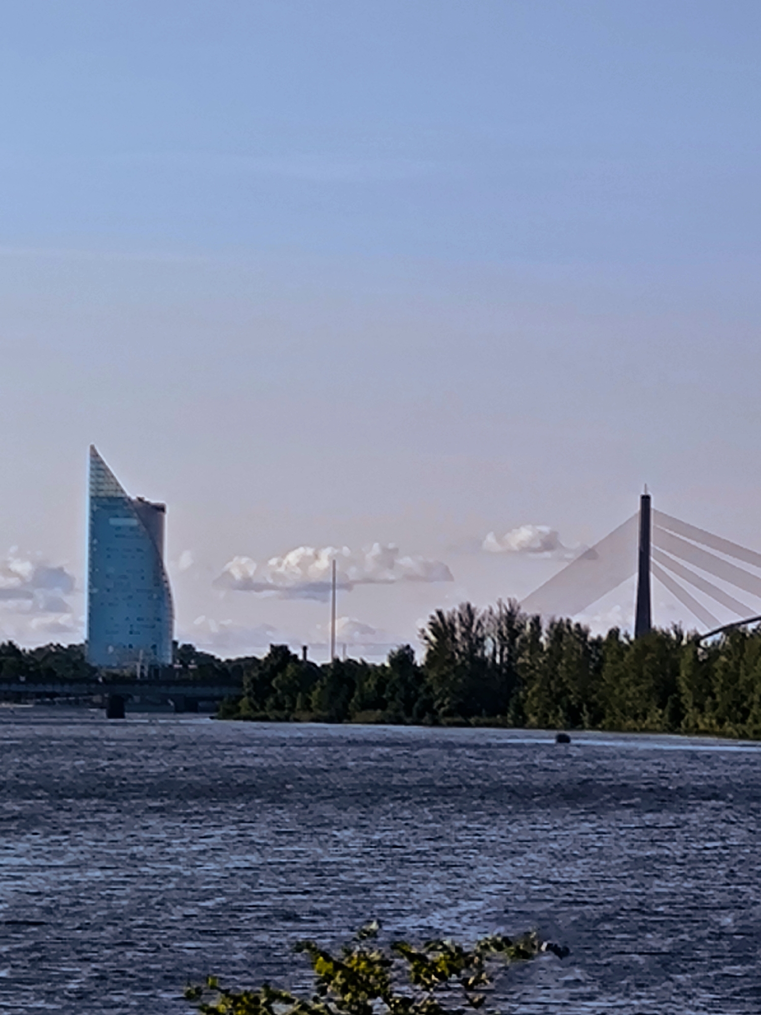 The image shows a wide-angle view of the Daugava River in Riga, Latvia, on a clear day with scattered clouds. On the left bank of the river, a distinctive modern skyscraper with a curved, glass facade stands out against the skyline. Further to the right, the distinctive silhouette of the Cable-Stayed Bridge (Vanza) is visible, with its tall, single pylon and radiating cables. The river itself is calm, with ripples on the surface, reflecting the sky. Trees line the far bank of the river, forming a green buffer between the water and the structures. In the foreground, a patch of green foliage with yellow highlights is visible in the bottom right corner. The overall scene depicts an urban waterfront landscape with a blend of modern architecture and natural elements.