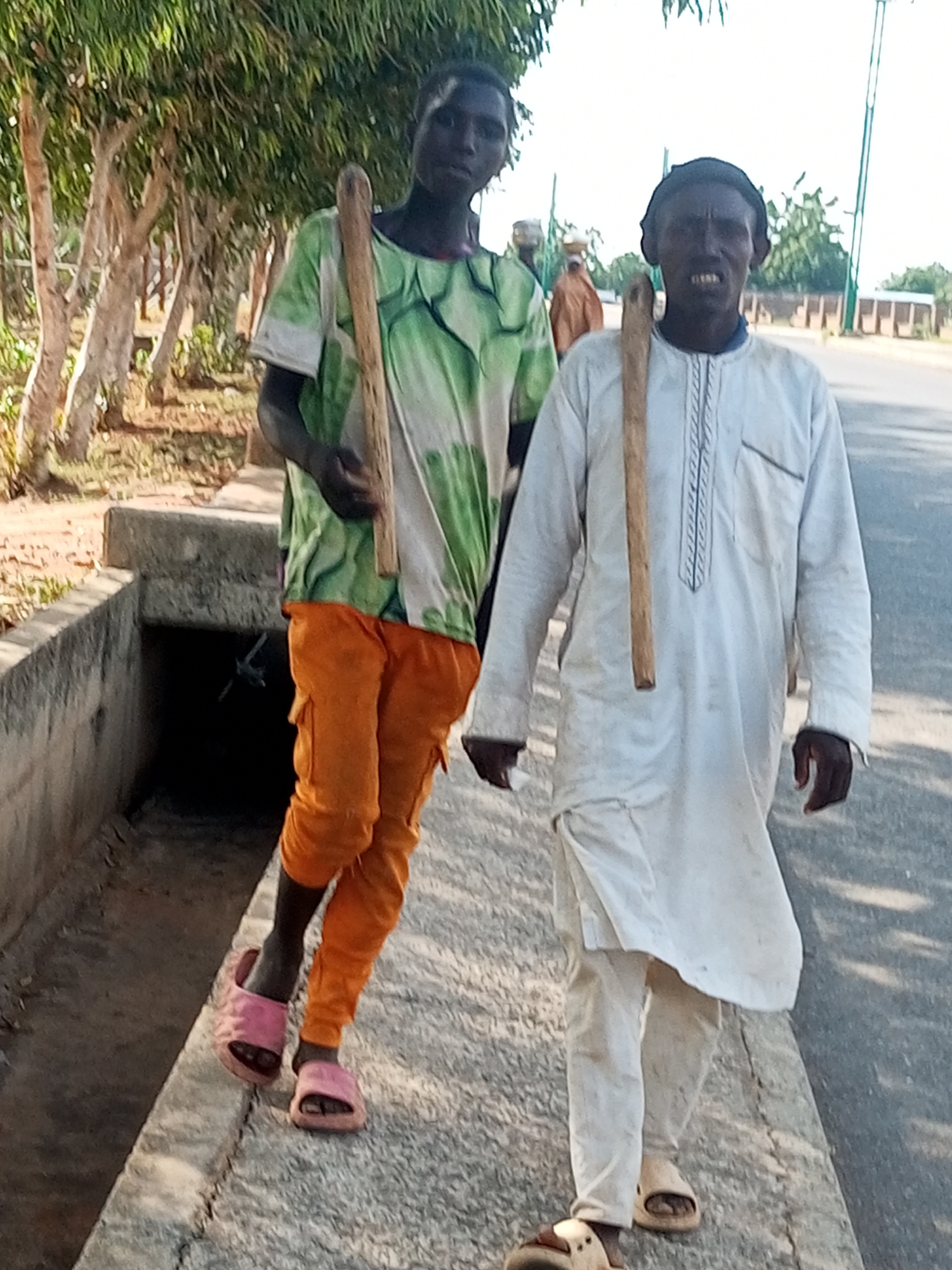 Two men are walking on a paved path beside a road in Tempure, Nigeria. The man on the left, younger, wears a green and white t-shirt with a nature-themed print and bright orange cargo pants. He is also wearing pink slides on his feet. He carries a wooden stick in his right hand. The man on the right, older, wears a light-colored tunic and pants, with a dark beanie on his head. He also carries a wooden stick in his right hand and wears light-colored slides on his feet. They are walking towards the viewer. In the background, trees line the path on the left, and buildings and streetlights are visible beyond the road on the right. The lighting suggests it is daytime.
