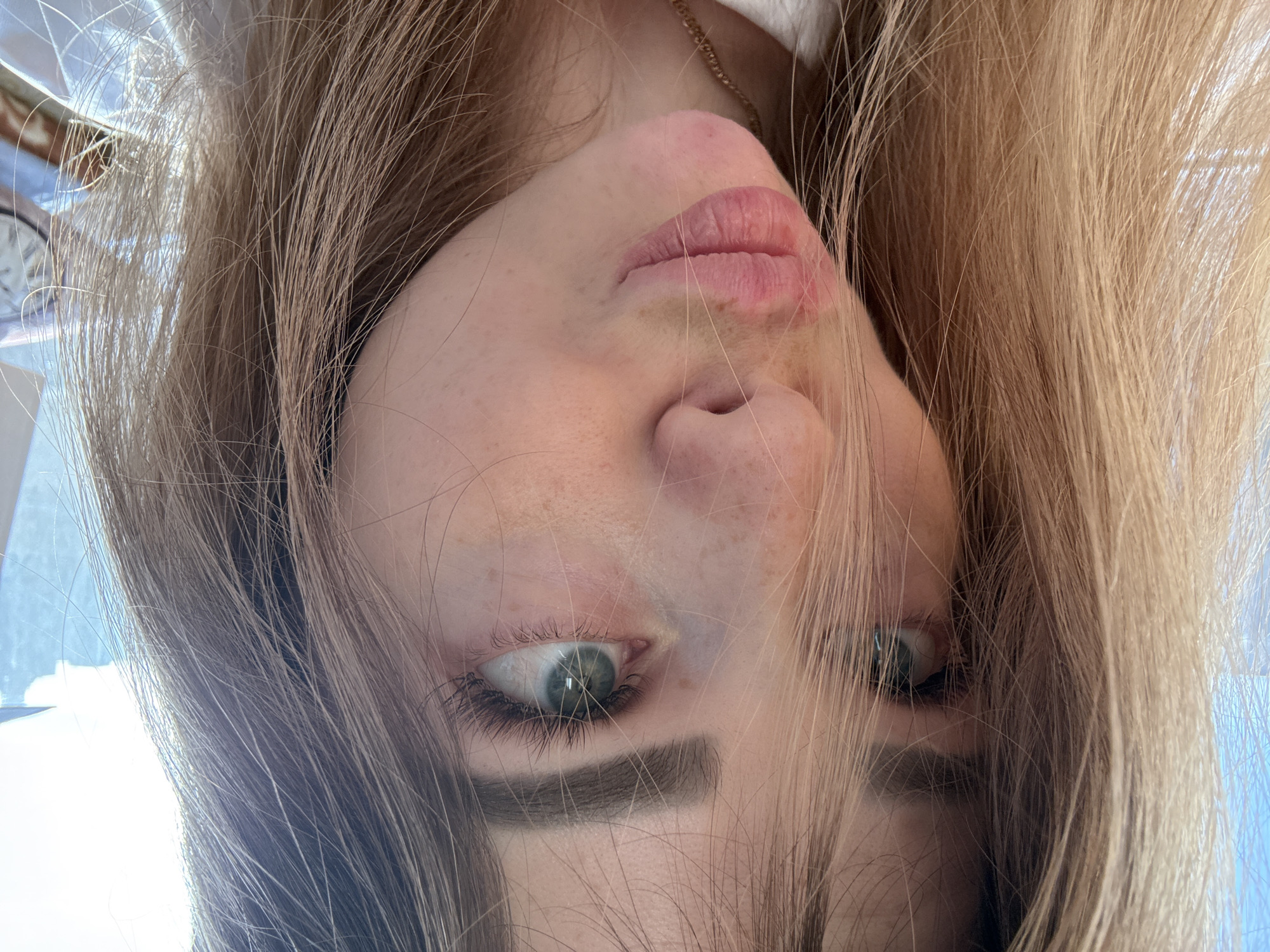 A close-up, inverted portrait captures the face of a person, likely female, with long, light brown or blonde hair. The subject's face is seen upside down, with her hair falling around and partially across her features. Her striking green or blue eyes are open and directed upwards and to the side. Her lips are naturally pink and slightly parted. Visible freckles dot her nose and cheeks. Darker, well-defined eyebrows frame her eyes. A subtle golden-colored chain necklace is visible around her neck.
The overall lighting is bright and soft, suggesting daytime. The background is mostly obscured by the person's hair and a bright, light blue area, which appears to be a clear sky or a large window. In the upper left corner (from the original, inverted perspective), a faint, light-colored, possibly patterned object or part of an indoor setting is barely visible. The unusual upside-down perspective creates an intimate and unconventional view. No text is visible in the image.