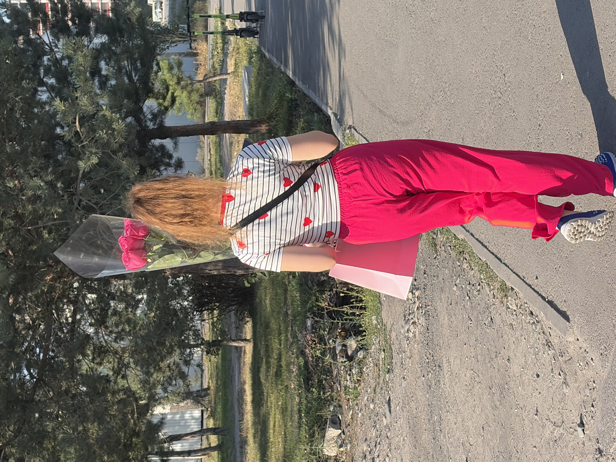 A woman with auburn hair, seen from behind, walks on a paved pathway in an outdoor urban environment. She is wearing a white t-shirt with horizontal black stripes and small red hearts, and bright pink wide-leg pants. She carries a large bouquet of pink roses, wrapped in clear plastic, in her right hand, and a pink shopping bag in her left. Her black crossbody bag is visible on her chest. The pathway is bordered by a dirt area with some scattered stones and vegetation on the left, and a grassy area with trees on the right. In the background, two electric scooters are parked near the pathway, and a building and trees are visible. The sun casts a shadow of the woman on the pathway to her right.