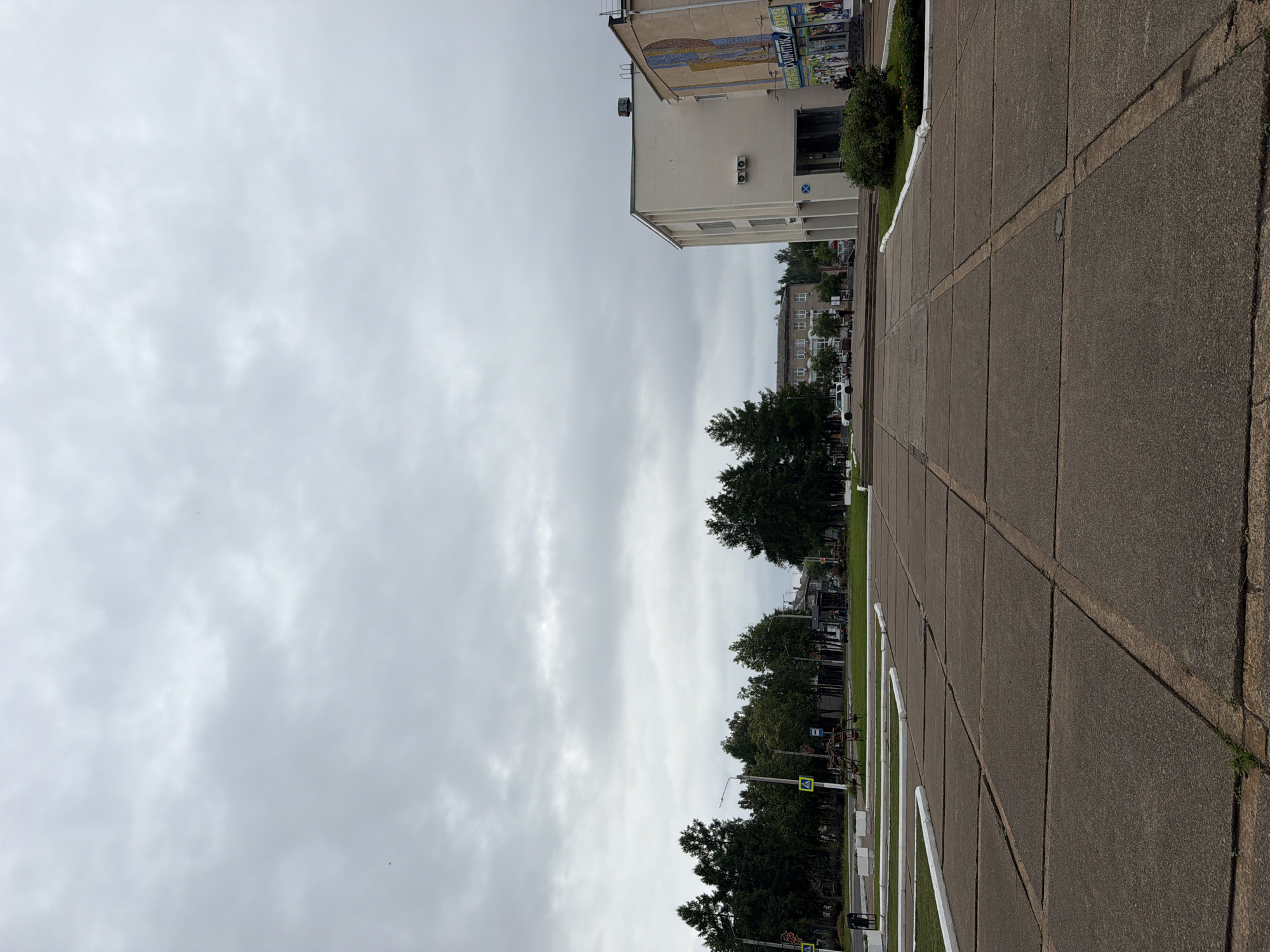 The image depicts an outdoor scene in Chaikovsky, Russia, on an overcast day. The composition is oriented vertically, showing a perspective from a concrete sidewalk with large square slabs. A row of trees lines the edge of a grassy area next to the sidewalk, beyond which several buildings are visible. In the foreground, there are white parking or bollard markings.
The buildings appear to be a mix of styles. One closer building is light-colored with visible air conditioning units and decorative mosaic artwork on its upper facade. Further down the street, a line of more traditional multi-story residential buildings with multiple windows can be seen. In the distance, more urban structures are present.
Several traffic signs are visible along the street, including a pedestrian crossing sign featuring a yellow diamond shape with a walking figure. There are no people clearly visible in the image, and no specific activity is taking place. The overall mood is neutral, reflecting the cloudy and perhaps cool weather. The presence of specific building styles and street signage suggests an urban or semi-urban environment within Russia. The time of day is not definitively indicated but appears to be daytime due to the ambient light.
