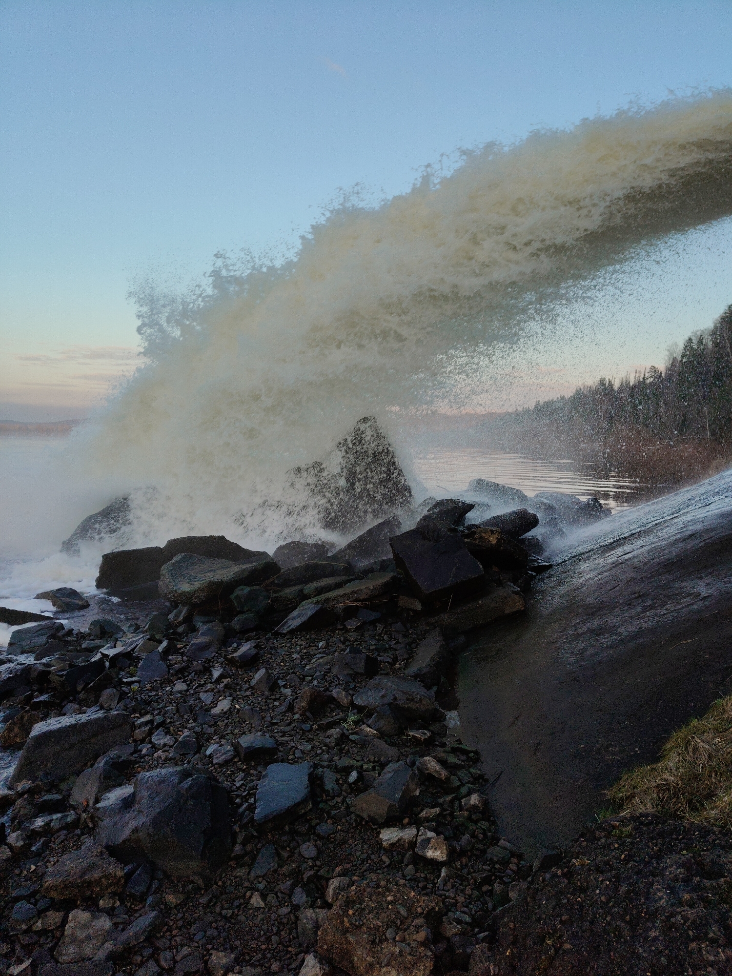 A dynamic scene unfolds at the edge of a large body of water, likely a lake or wide river, during twilight hours. The foreground is a rugged shoreline, densely covered with dark, wet rocks and pebbles of various sizes. To the right, a smooth, dark, sloping surface, possibly a concrete or asphalt embankment, descends into the water, with some sparse brown grass clinging to its upper edge.
The focal point is a massive, forceful discharge of water, originating from the upper right and arcing downwards. This powerful torrent of churning, foamy, and whitish-brown water crashes dramatically onto the rocks and into the main body of water, creating a voluminous splash and a wide plume of fine spray that fills the air. The spray catches the soft, diffused light, giving it a misty appearance.
In the mid-ground, the expansive body of water stretches out, reflecting the pale blue and subtly warm hues of the sky, which suggests either sunrise or sunset. Across the water, a dense, dark forest of coniferous trees lines the distant shore, indicating a natural and possibly remote setting. The sky above is clear, transitioning from a soft blue overhead to lighter tones near the horizon. No text is visible in the image.
