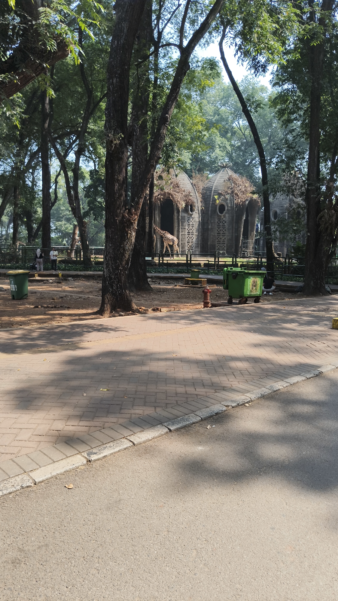 This is a photograph of the Ragunan Zoo in South Jakarta, Indonesia. In the background, a giraffe stands in an enclosure with a domed structure that appears to be a part of its habitat. The enclosure is surrounded by a fence. Several large trees with lush green foliage are present throughout the scene, creating a shaded environment. In the foreground, a paved walkway with a brick pattern runs diagonally across the image. To the left of the walkway, a green trash bin with wheels is visible. Further back, near the enclosure, another green trash bin and a red fire hydrant are present. A few people can be seen in the background, near the enclosure, observing the giraffe. The ground in the enclosure area is dirt and gravel. The overall atmosphere of the image suggests a bright, sunny day in an outdoor animal exhibit.