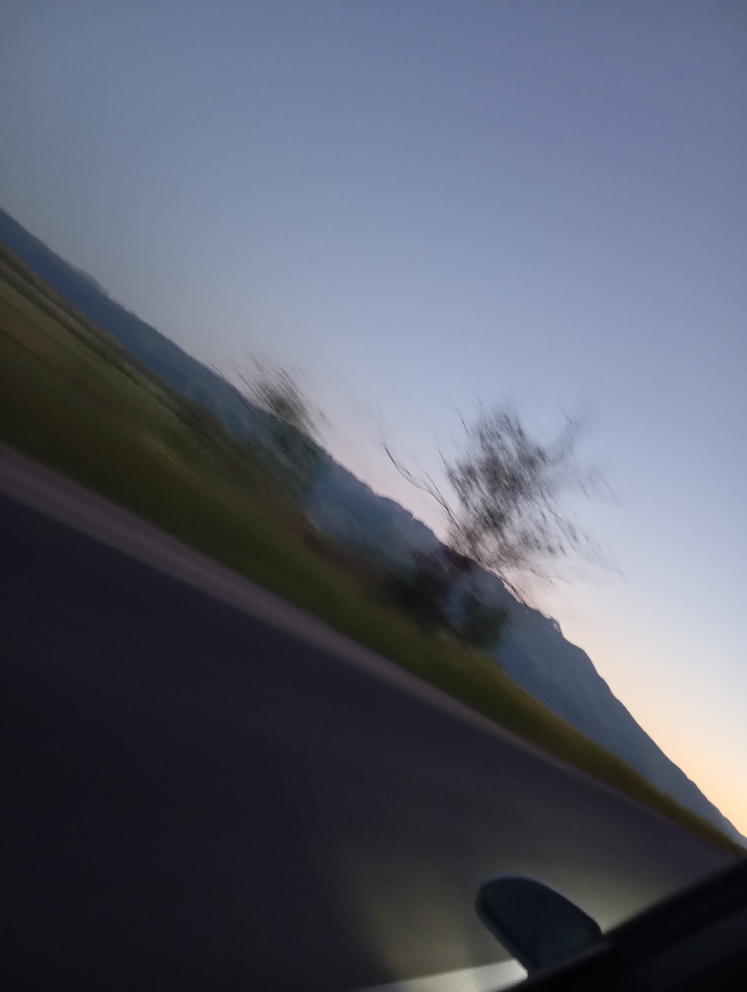 The image depicts a blurry, angled view of a landscape during twilight. A dark road or surface occupies the foreground, possibly a vehicle's interior given the faint illumination on the bottom right. Beyond this, a green, grassy area slopes upwards towards a blurred mountain range. The sky transitions from a pale blue at the top to a lighter hue near the horizon, suggesting either dawn or dusk. A wispy, dark object, possibly a tree or vegetation, is visible in the mid-ground, also blurred due to motion. The overall impression is of movement through a natural setting at a low light condition. The provided context of "Kaysar, Kyrgyzstan" does not add specific discernible details to the visual content of the image itself, as no recognizable landmarks or urban features of Kaysar are present.