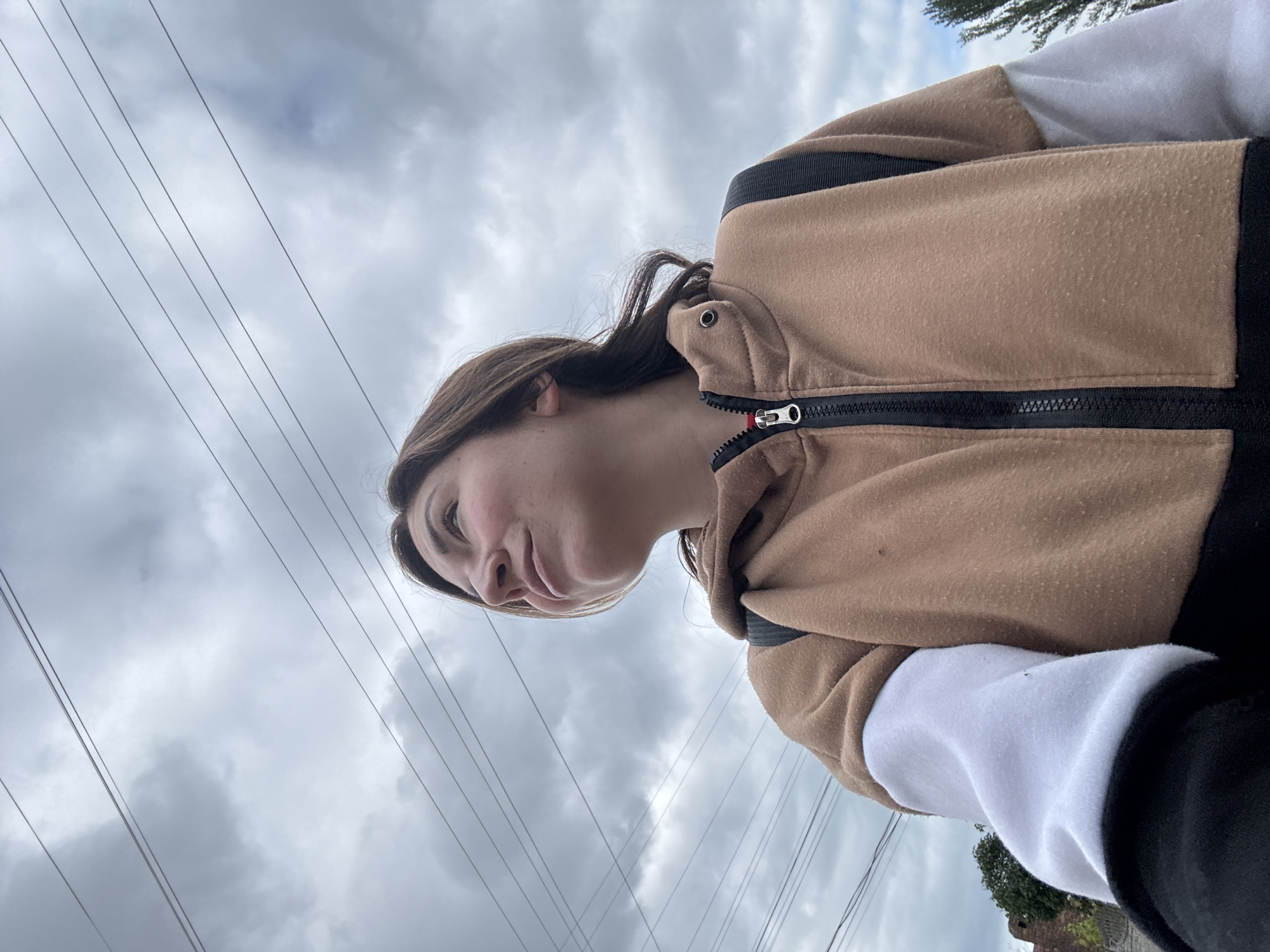 A woman is standing outside. She has brown hair and is wearing a light brown, white, and black hooded sweatshirt. Behind her is a cloudy sky, power lines, and a building. The location is unknown.