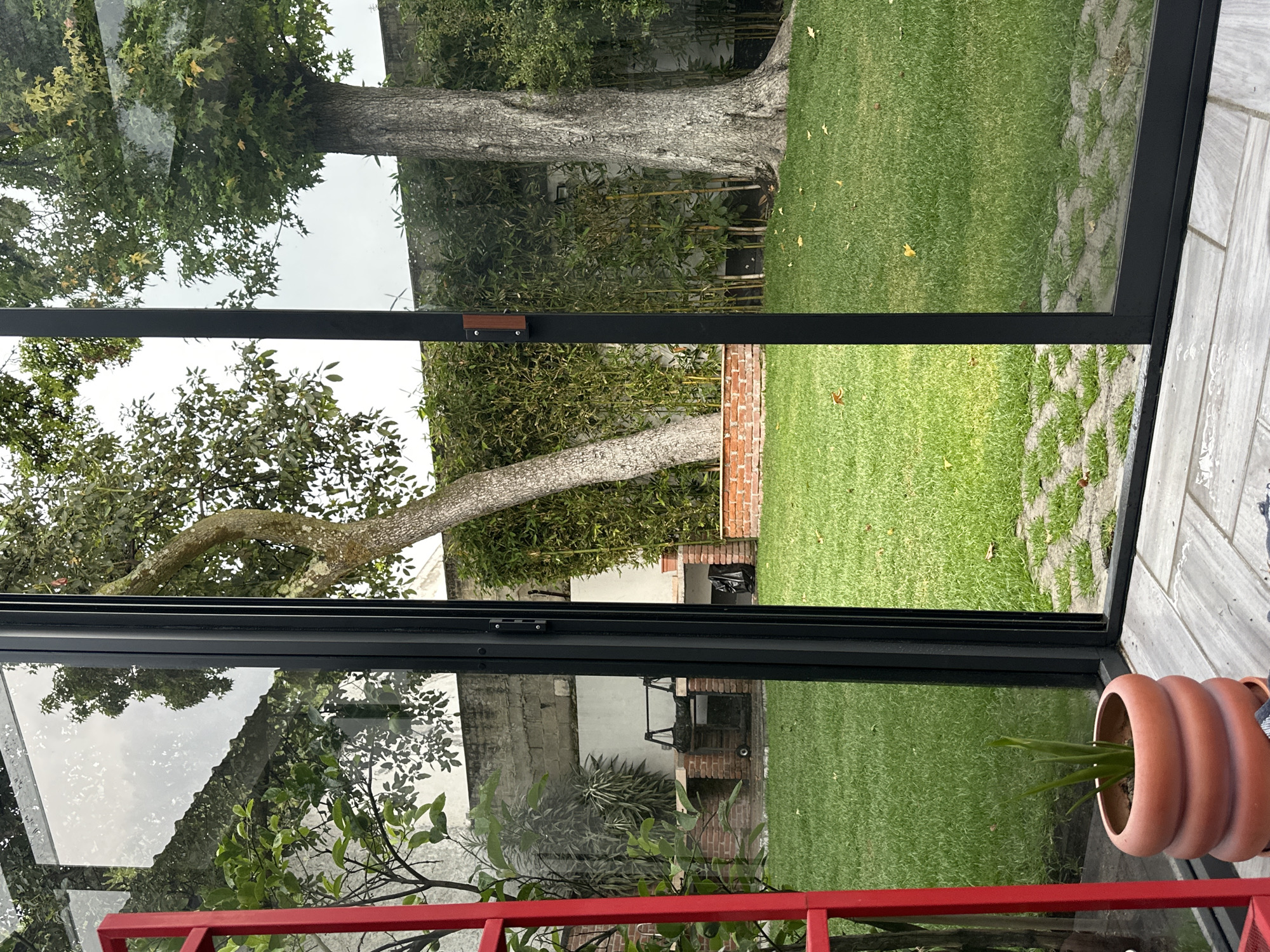 The image shows a view from inside a building, possibly a house, in Naucalpan de Juárez, Mexico, looking out into a garden. The view is framed by a black-framed window with multiple panes. The garden features a green lawn, trees, and various plants. A red structure is visible in the foreground. A potted plant sits to the right of the window frame. In the background, there is a brick structure. The sky is overcast.