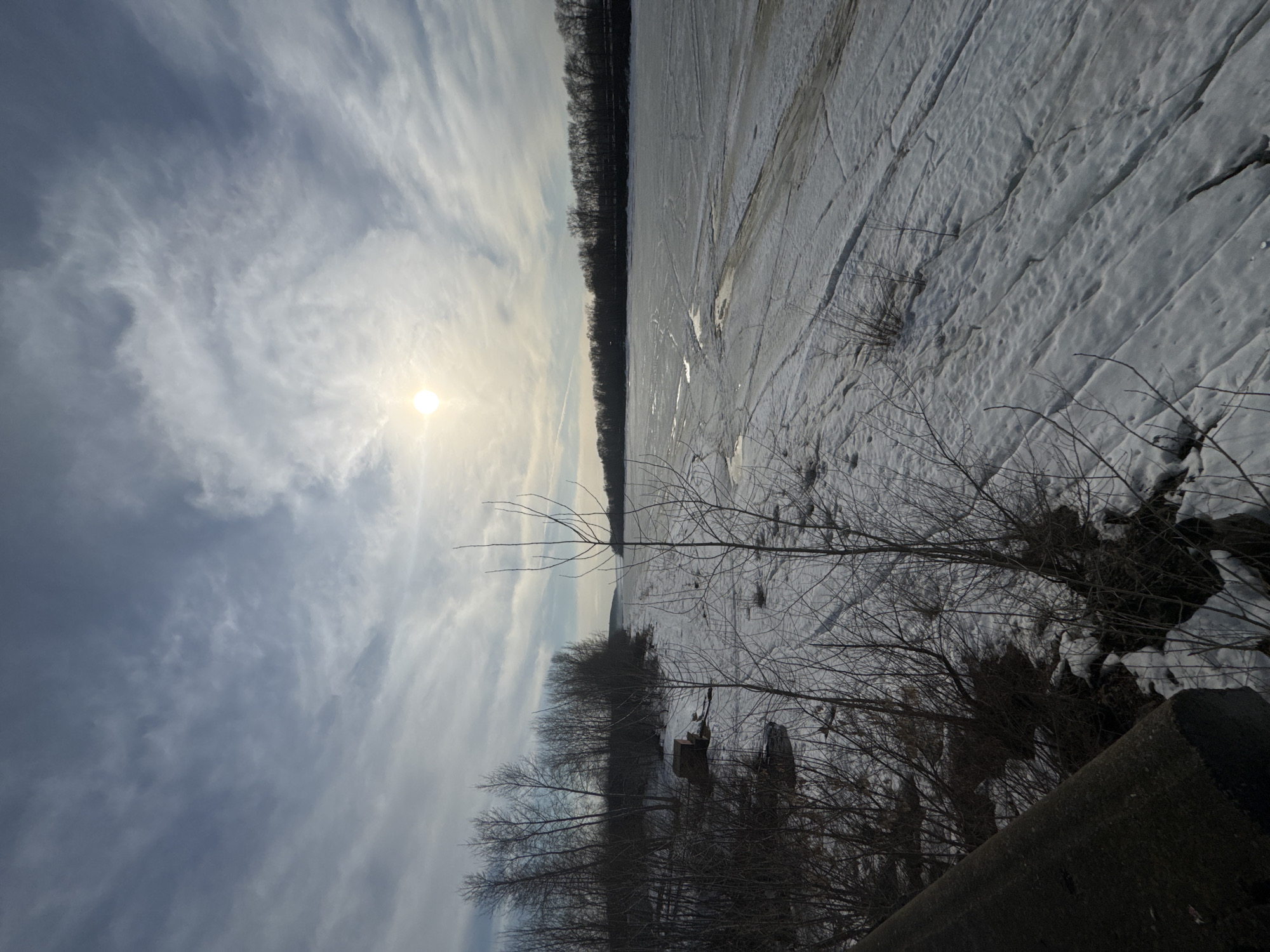 The image depicts a frozen landscape in Chaikovsky, Russia, under a partly cloudy sky with a bright sun. A wide expanse of ice, possibly a frozen river or lake, dominates the scene. Tire tracks and cracked ice patterns are visible on the surface. A line of trees runs along the horizon, separating the ice from the sky. In the foreground, bare tree branches and vegetation are visible, partially obscuring the view of the frozen surface. A concrete structure is visible in the lower right corner, suggesting a man-made element in the landscape. The photo is oriented sideways.