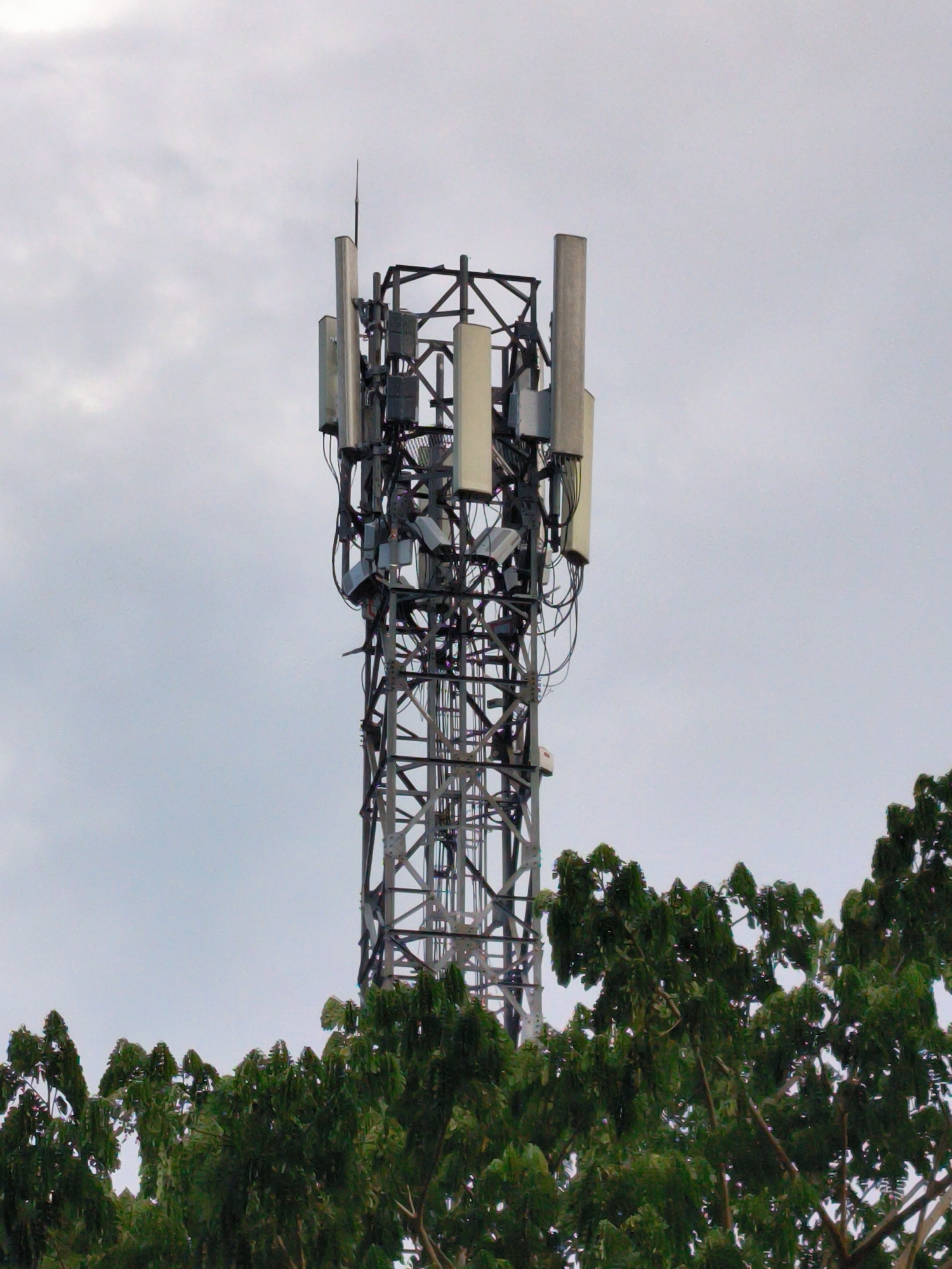 The image features a telecommunications tower rising above a tree line. The tower is constructed of a dark gray metal lattice framework. Multiple rectangular antennas are affixed to the upper portion of the tower, along with various smaller electronic components and cabling. The sky behind the tower is overcast, and dense green foliage of trees occupies the lower portion of the frame, partially obscuring the base of the tower. The location is likely Lhokseumawe, Indonesia. No people are visible.