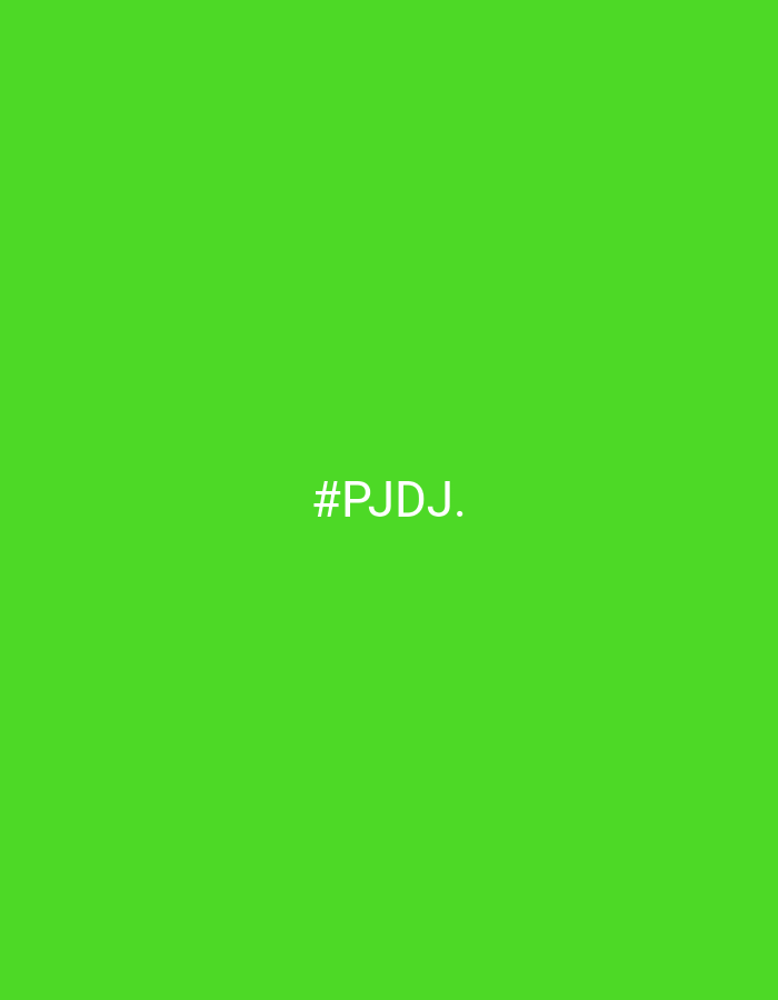 The image displays a solid, vibrant, bright green background, resembling a lime green or chartreuse hue. There are no people, objects, or discernible scene elements present. The background is uniform in color and texture.
Centered on this green background is white text that reads "#PJDJ.". The text is a hashtag followed by four uppercase letters and a period. No activity or event is depicted, as the image is static and abstract.
Notable details include the striking contrast between the bright green background and the white text, which ensures readability. There are no visible cues within the image itself to suggest a specific time of day, weather conditions, or a particular physical location. While the provided context states Kluschino, Russia, the image offers no visual information to support or illustrate this location. The overall impression is clean, simple, and digital, focusing solely on the color and the displayed text.
