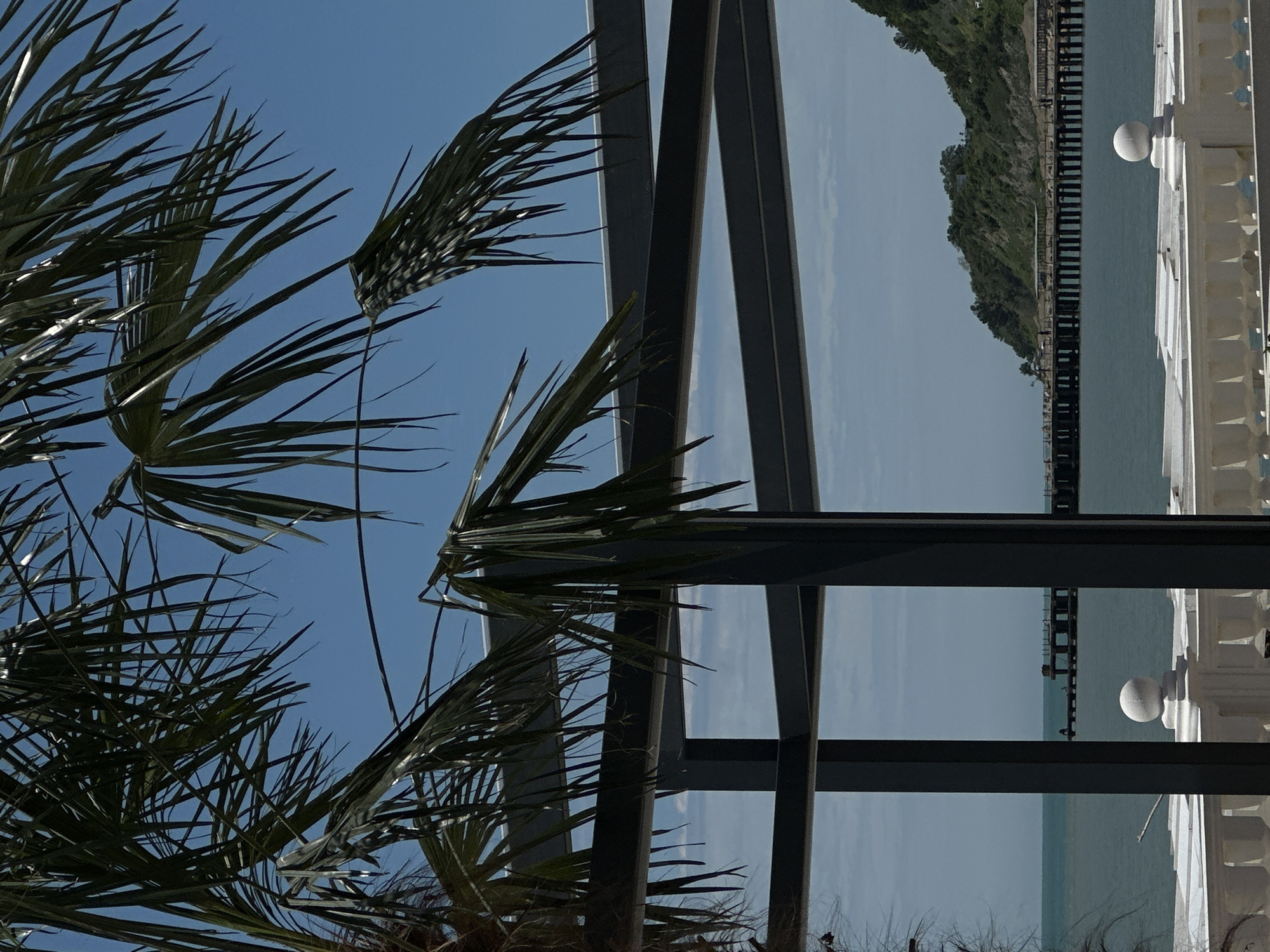 A bright, daytime photograph captures a scenic coastal view, likely from a balcony or terrace. The image, presented in a portrait orientation but depicting a horizontal vista, features lush green palm fronds prominently in the foreground, silhouetted against a clear blue sky on the left.
In the mid-ground, dark, geometric beams—possibly part of an overhead structure like a pergola or a window frame—segment the scene. These beams reflect the bright sky and subtly diffuse light. To the right of these beams, a white, ornate balustrade with a spherical white light fixture adds a decorative element.
Beyond the architectural framework, a calm body of water, likely the sea or ocean, stretches towards the horizon. A long, dark pier or jetty extends into the water from a distant green, tree-covered hill or coastline, which forms the background on the upper right side. The sky above the coastline is a lighter blue, suggesting a clear day.
No identifiable people or explicit activities are visible, and there is no discernible text. The scene conveys a tranquil, leisurely atmosphere typical of a resort or coastal vacation spot in Lermontovo, Russia.
