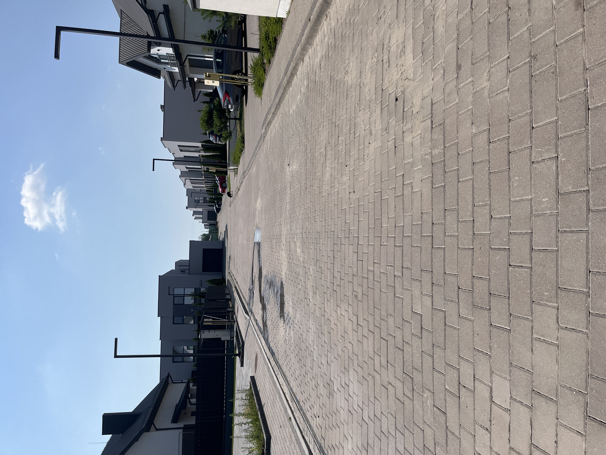 The image depicts a street in Strumivka, Ukraine, lined with modern, gray, two-story houses. The street is paved with light-colored rectangular cobblestones, and a concrete curb runs along the sides. There are dark-colored streetlights with a distinctive L-shaped design spaced along the road. In the foreground, there are a few small puddles on the cobblestones, indicating recent rain. Several cars are parked along the street, including a dark gray sedan, a red hatchback, and another dark sedan further down. A small black dog is visible on the left side of the road, in the middle distance, appearing to be walking. The sky is clear blue with a few scattered white clouds. Green bushes and small trees are planted along the front of the houses.