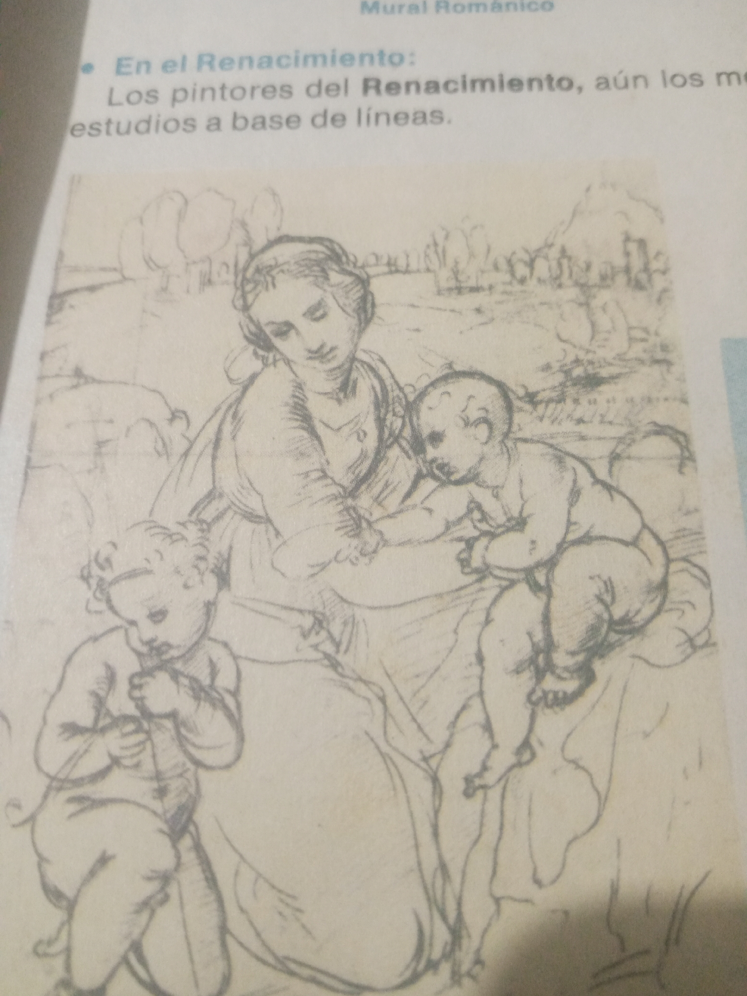 The image shows a black and white sketch of a woman and two babies. The woman is seated and appears to be holding one baby, while the other baby is seated in front of her. The sketch is in a rough, unfinished style, with visible lines and shading. The background is also sketched, with vague outlines of trees and possibly a landscape. There is text in Spanish above the sketch. The text mentions "En el Renacimiento" (In the Renaissance) and "Los pintores del Renacimiento, aún los maestros" (The painters of the Renaissance, even the masters). It also mentions "estudios a base de líneas" (studies based on lines). There is no information in the image or text that indicates a specific location in Santa Ana, Venezuela.