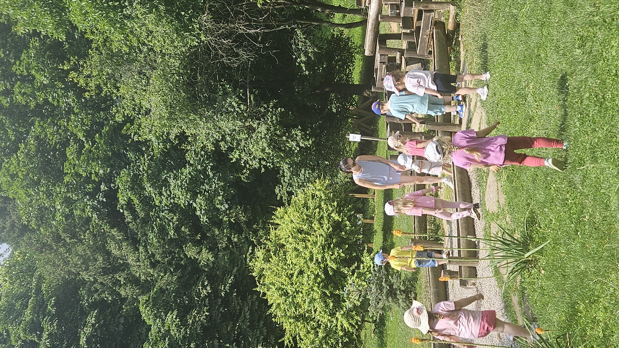 In a lush green outdoor setting with mature trees, a group of children and one adult are engaged in an activity. The children, all wearing hats and casual clothing, appear to be participating in an educational or recreational program. The adult, dressed in a light blue top and shorts, seems to be supervising or guiding the children. Some children are walking on a wooden path, while others are in the grassy area. The environment suggests a park, a nature reserve, or an educational outdoor facility. The presence of wooden structures further indicates a potential play or learning area designed for children. The general atmosphere is one of pleasant outdoor activity. While the image depicts a scene in a natural environment, the specific location in Prešov, Slovakia cannot be determined from the visual information alone.