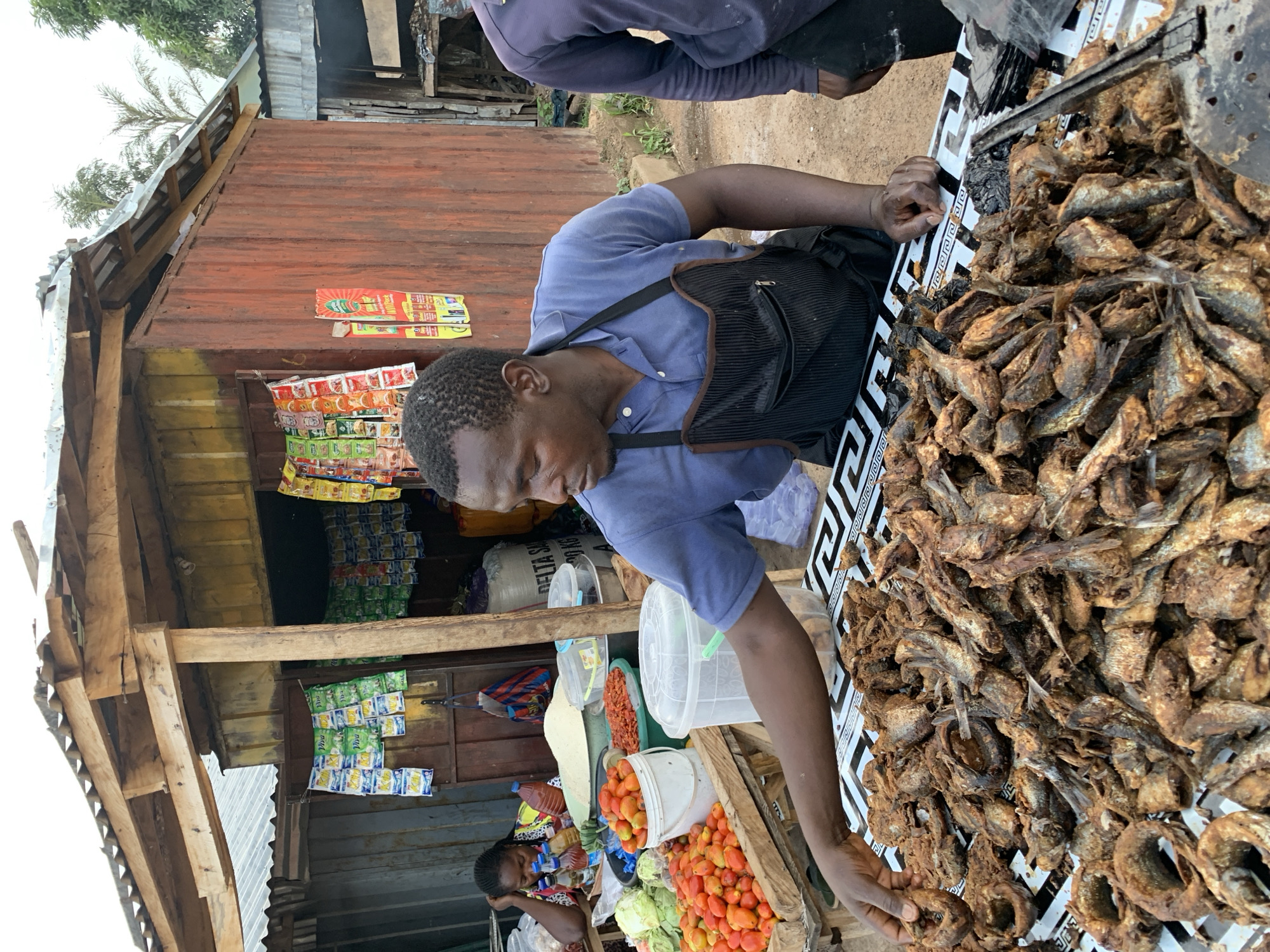 In Barakin Akawo, Nigeria, a vendor stands behind a table laden with fried fish. He is wearing a blue collared shirt and a black apron, and his right hand is reaching towards the fish. The table is covered with a black and white patterned cloth. Behind the vendor, a woman is seated at another stall, her head resting on her hand, looking downwards. Her stall displays various produce, including tomatoes, cabbage, and bottles of liquid. The market stall appears to be made of corrugated metal and wood. In the background, other market stalls and trees are visible.