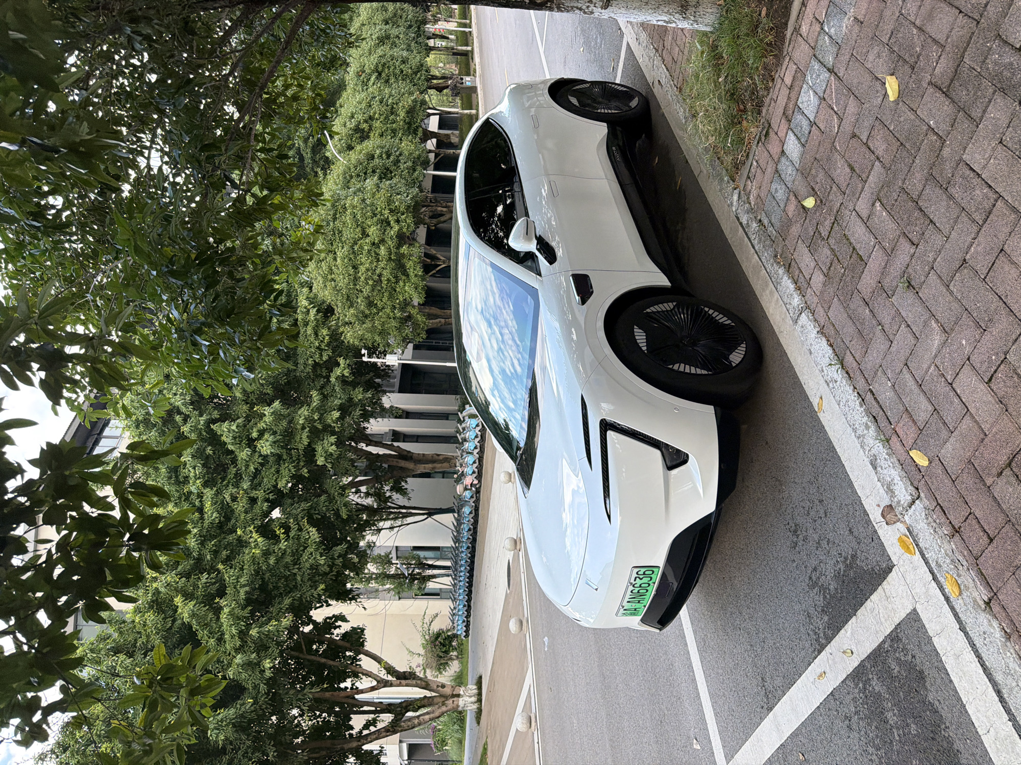 A white electric SUV, identified by its license plate as AN6636, is parked on the right side of a paved street in Jiangjin, China. The car, featuring a sleek, modern design, is positioned within a marked parking space. To the left of the street, a sidewalk with brick paving is visible, bordered by a curb and grass. In the background, a row of parked electric scooters is lined up, suggesting a shared mobility service. Behind the scooters, a building with a light-colored facade and multiple windows stands amidst lush green trees. The scene is illuminated by daylight, with sunlight filtering through the foliage, casting shadows on the ground.