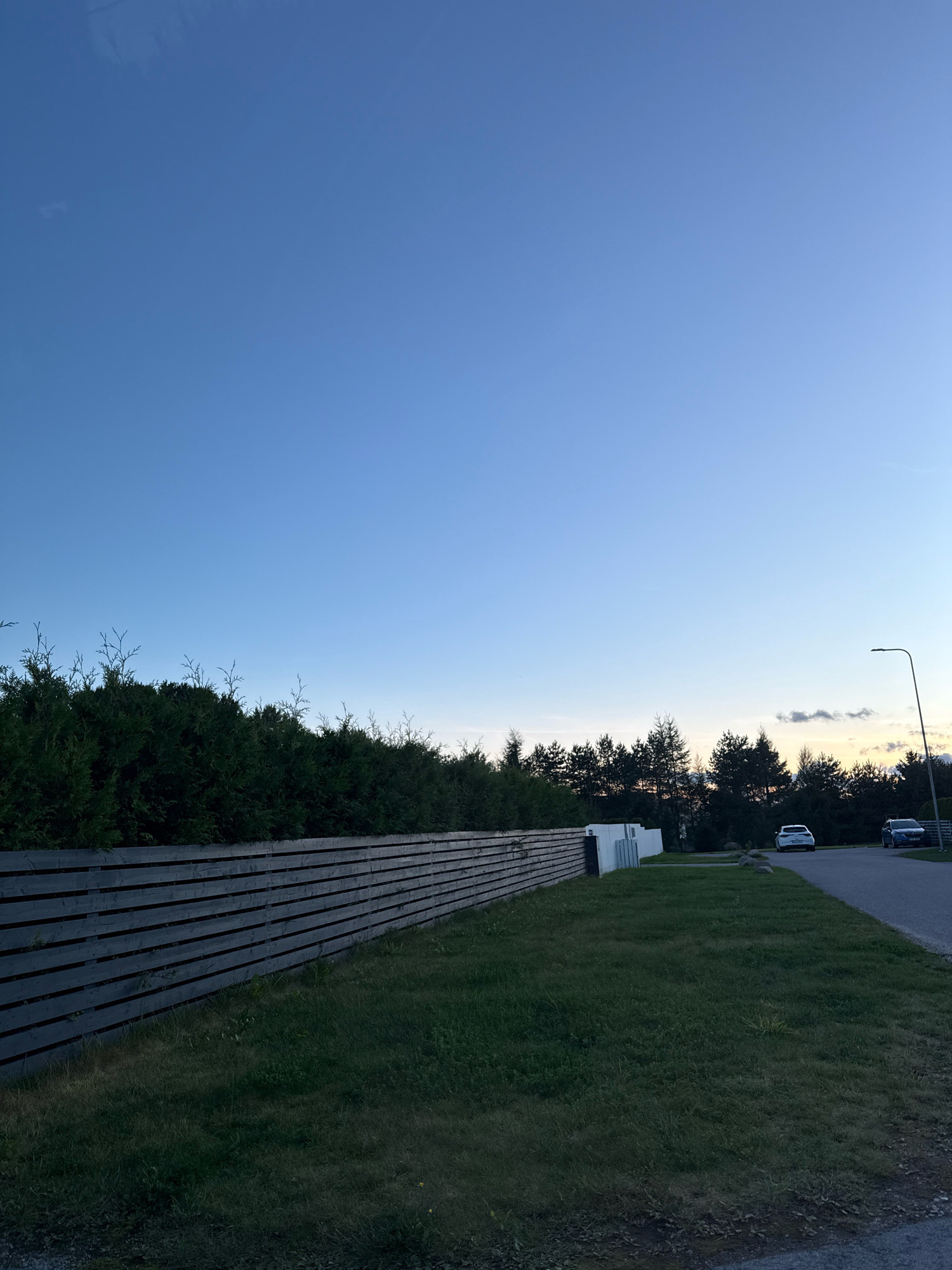 The image depicts a suburban street scene in Alliku, Estonia, during what appears to be late evening or early morning. The sky is a clear gradient of blue, transitioning to lighter hues near the horizon where hints of sunset or sunrise color can be faintly observed, along with a few wispy clouds. In the foreground, a wooden fence with horizontal slats runs along the left side of the frame, bordered by a patch of green grass. Beyond the fence, a dense line of dark green coniferous trees forms a natural barrier. To the right, the scene opens up to a paved road with two cars parked on the side. A modern streetlamp stands on the right side of the road. A small white structure, possibly a utility box or part of a house, is visible near the fence line. The overall impression is one of tranquility and order in a residential area.