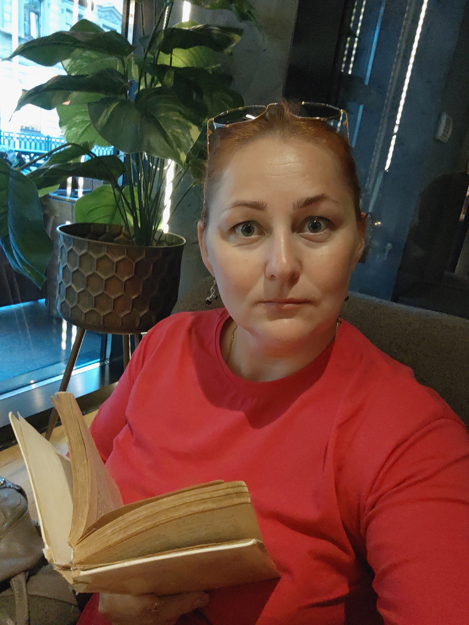 A woman with auburn hair pulled back and wearing glasses on her head and a red shirt is holding an open book. She is seated indoors, with a large potted plant to her left and a window with a view of buildings to the left of the plant. The overall environment appears to be a cafe or public space.