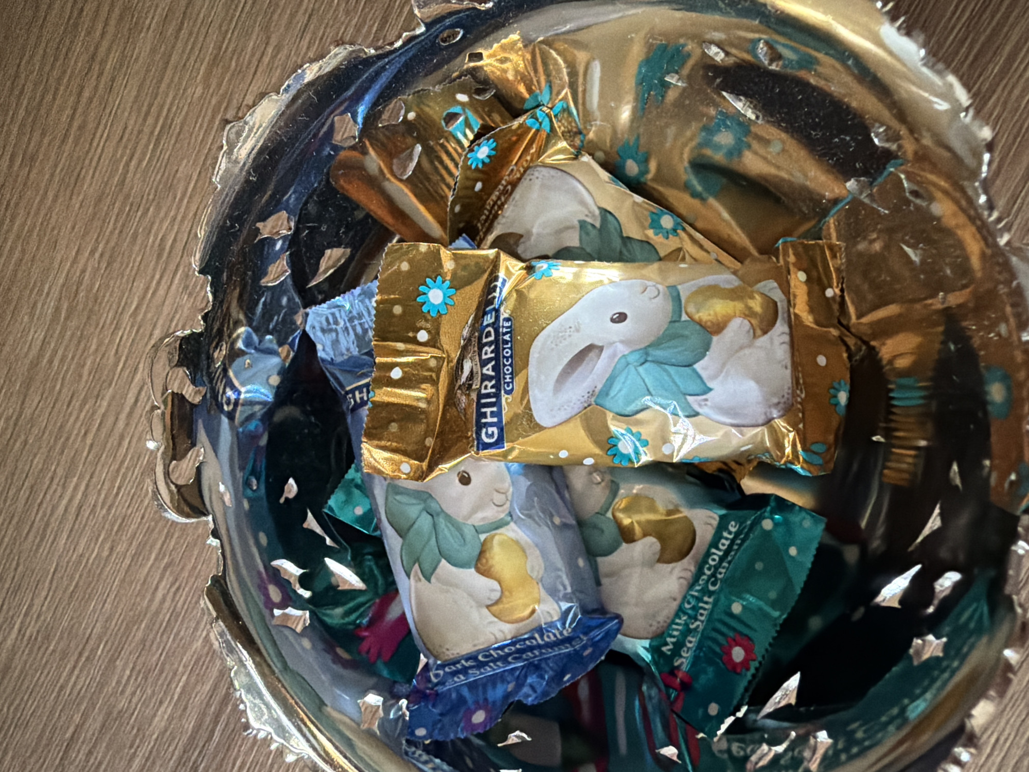 The image shows a close-up, top-down view of a silver, decorative bowl filled with individually wrapped chocolates. The chocolates are primarily gold and blue foil, many featuring designs of white rabbits with teal scarves and golden eggs, suggesting an Easter theme. Some of the blue wrappers indicate "Milk Chocolate Sea Salt Caramel" and a Ghirardelli brand chocolate is visible with a white rabbit. The bowl has a textured, ornate rim. The chocolates are piled loosely within the bowl. The background consists of a light brown, wooden surface with visible grain. The lighting is natural and appears to be coming from above, casting subtle shadows. There are no people or animals present in the image. The image is of a domestic or decorative setting, not specifically identifiable as being in Pazardzhik, Bulgaria, or any other specific city.