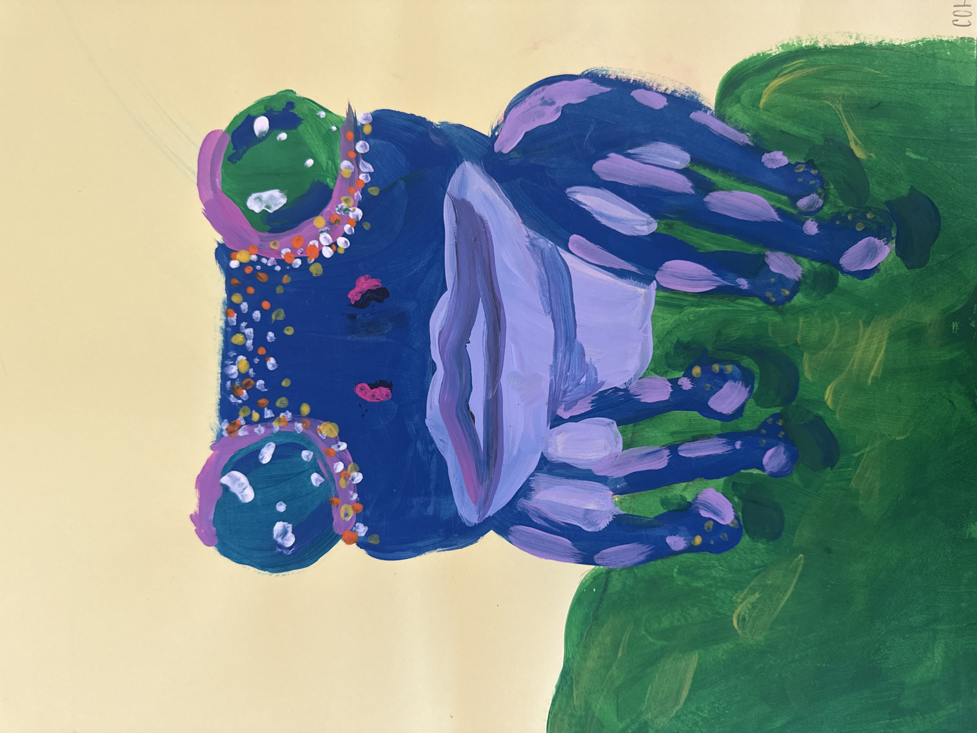 The image is an amateur painting of a frog, done in blues, purples, greens, and other colors, on a yellow background. The frog has large, green eyes with purple circles around them, and a scattering of colorful dots on its face. Its body is primarily blue with purple markings. It appears to be sitting on a green area, possibly representing a leaf or pond. There is a partially obscured, blurry text "COH" at the top-right corner of the image.