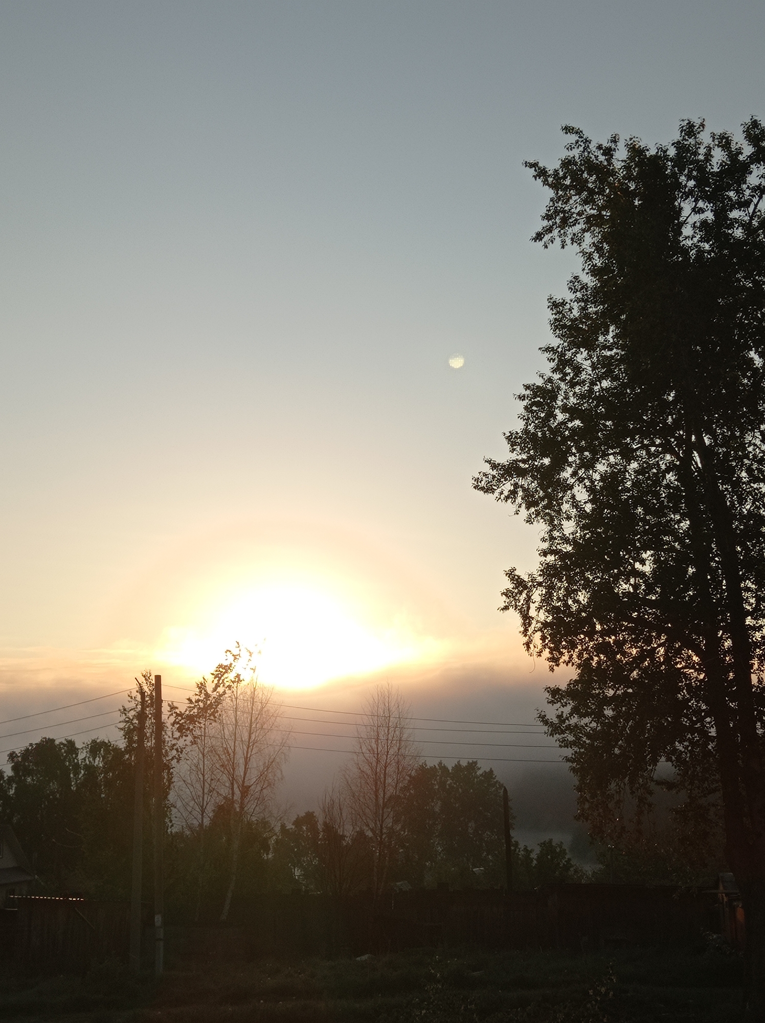 The image depicts a landscape at sunrise in Degtyarsk, Russia. The sun, low on the horizon, is obscured by a band of low-lying fog or clouds, casting a bright glow. The sky transitions from light orange near the horizon to a pale blue higher up. A partially obscured moon is visible in the upper center of the frame.
The foreground features silhouettes of trees and power lines. In the lower left corner is a portion of a wooden structure, possibly a building or fence. The ground appears to be covered in vegetation. A large tree dominates the right side of the image, its foliage densely silhouetted against the sky. The overall scene conveys a sense of rural or suburban tranquility at dawn.