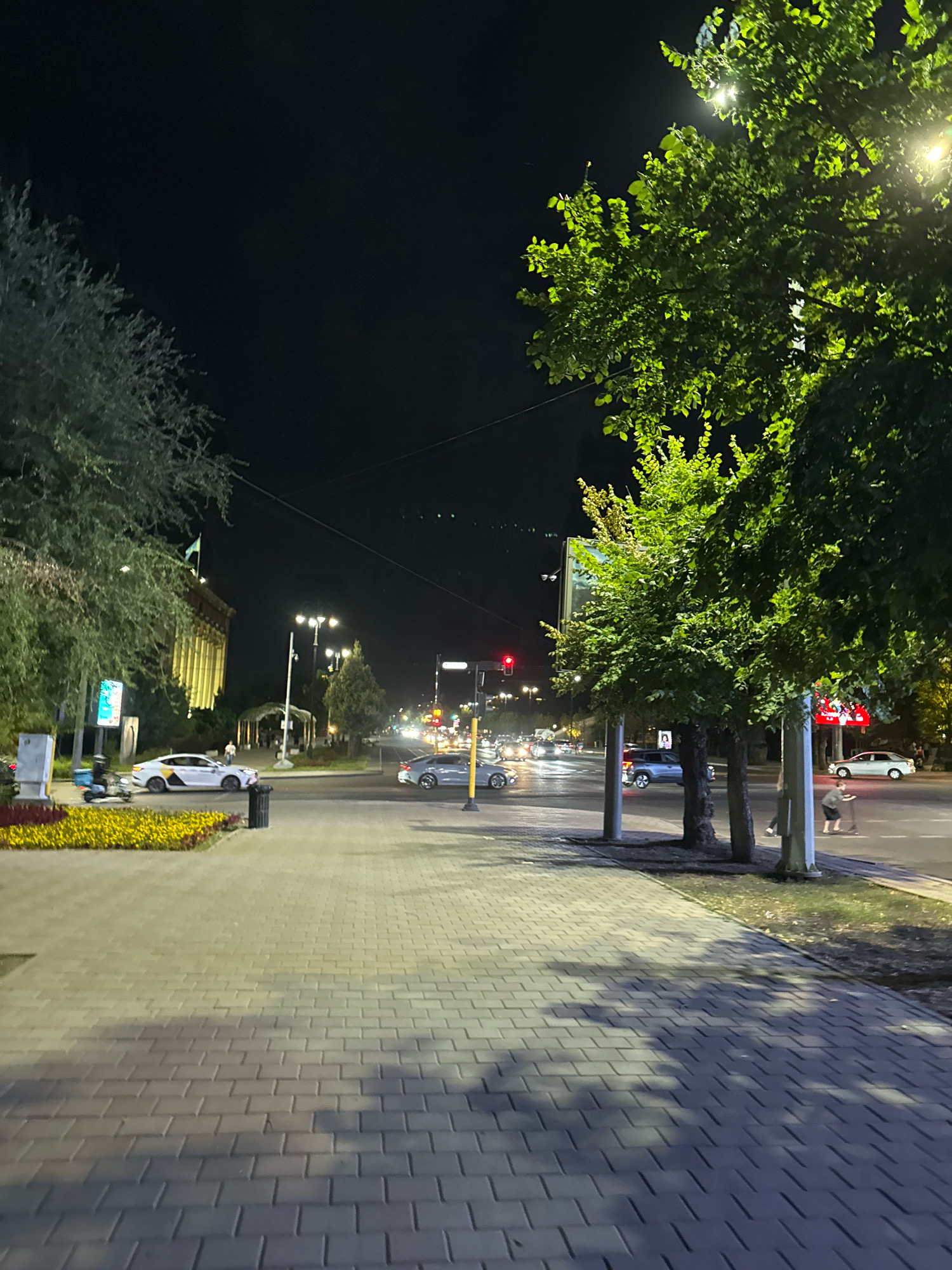 A nighttime street scene in Almaty, Kazakhstan, features a paved sidewalk in the foreground with dappled light and shadows from overhead trees. Beyond the sidewalk, a street is visible with several cars, including a white sedan and a silver sedan, driving or stopped. A traffic light with a red signal is visible. On the left side of the street, a building with illuminated columns stands. Trees with lush green foliage are prominent throughout the scene, some lit by streetlights. A person is seen on a scooter near a yellow flower bed. Further down the street, more vehicles and streetlights are present.