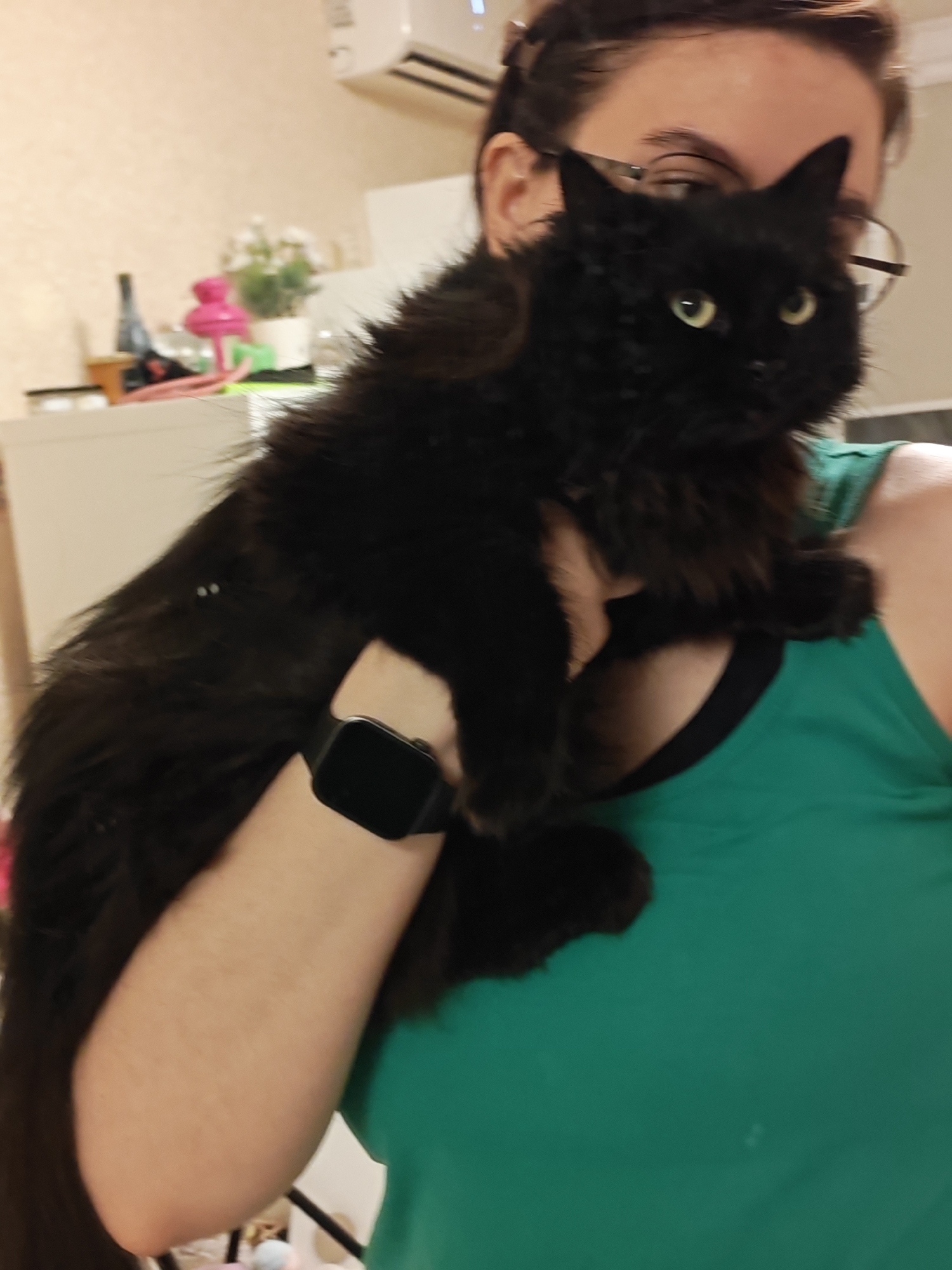 A black cat with green eyes is being held on a person's shoulder. The person is wearing glasses and a green tank top. The cat's fur is long and appears somewhat matted. A black smartwatch is visible on the person's wrist. In the background, there is a white air conditioner unit mounted on a beige wall, and some decorative items including a small potted plant and a pink object on a shelf. The scene appears to be indoors, possibly in a home environment. The image does not provide any information about the city of Bataysk, Russia.