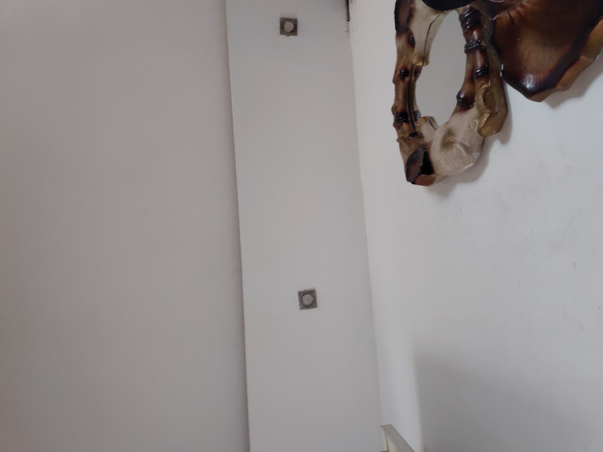 The image captures an interior corner of a building, likely in Santa Ana, Venezuela, with white-painted walls. The left side of the frame shows a plain white wall. A vertical column or wall section forms a corner, running from the top to the bottom of the image. On this vertical section, two identical square-shaped fixtures are visible, mounted flush with the wall. Each fixture has a metallic-colored square plate with a lighter, circular center, suggesting they could be recessed lights, sensors, or electrical outlets.
On the right-hand wall, a distinctive decorative object is partially visible. This piece appears to be a mirror frame or an intricate wall sculpture, crafted from a material resembling dark and light brown wood, bone, or a resin imitation. Its design is organic and sculptural, characterized by intertwined, curved forms with a textured, slightly glossy finish. The object displays a range of earthy tones, from rich dark browns to lighter beige and gold highlights. It occupies the upper right portion of the frame, showcasing its elaborate and somewhat abstract design, which vaguely suggests an animalistic or natural form, such as antlers or a stylized skeletal structure.
The lighting is soft and even, indicating an indoor setting. No people, specific activities, or discernible text are present in the image. The scene is static, focusing on the architectural details and the unique decorative element.