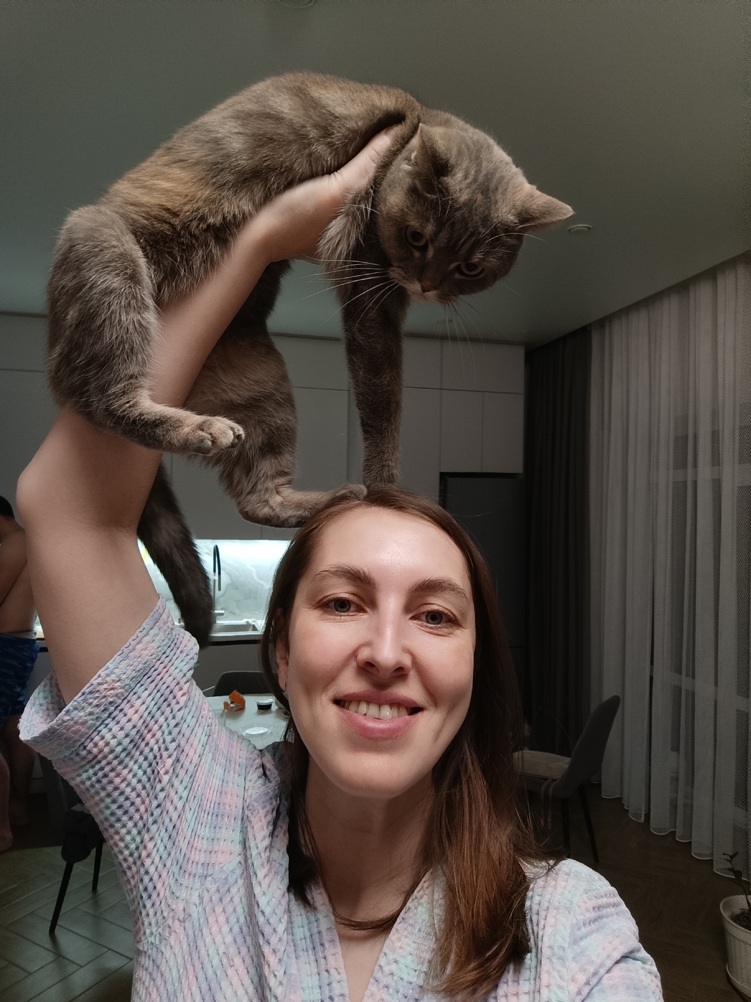 The image captures a playful indoor moment featuring a woman holding a cat overhead, likely for a selfie, in what appears to be a modern home in Chaikovsky, Russia.
The main subject is a woman with long brown hair, smiling broadly at the camera. She is wearing a light-colored, patterned waffle-knit robe, predominantly in pastel shades of blue, pink, and white. Her left arm is raised, supporting a grey and brown tabby-like cat above her head. The cat is held by its midsection with its front paws seemingly resting on the woman's head or just above it, and its back legs dangling. The cat is looking downwards and slightly to the right with an intense, curious, or possibly annoyed expression. Its prominent whiskers are visible.
In the background, the setting appears to be an open-plan living area, possibly combining a kitchen and dining space. White kitchen cabinets and a sink are visible behind the woman's arm. To the right, a dining table with two dark chairs is partially visible, along with a window covered by sheer white curtains, suggesting it's evening or nighttime outside, with artificial indoor lighting providing illumination. A small potted plant sits by the window. Another person is partially visible on the far left, wearing blue patterned shorts.
The ambiance is casual and domestic, with the woman's cheerful expression conveying a lighthearted mood. There is no visible text in the image.