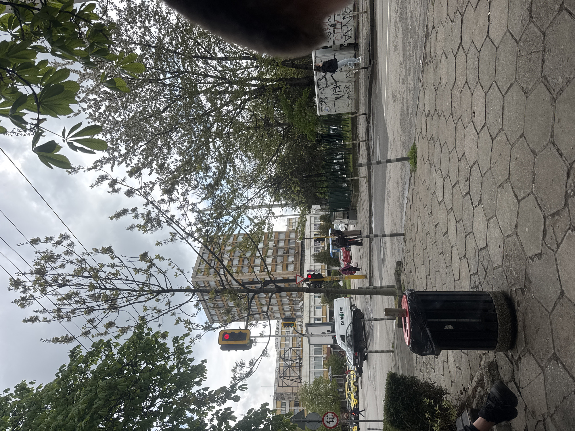 The image depicts a street scene in an urban environment. The street is paved with grey hexagonal stones. A trash can, black with a red lid and a partial black trash bag, is visible on the right side of the image. A building with multiple windows is visible in the background. Several trees with varying degrees of foliage line the street. A traffic light is visible in the lower left portion of the image, showing a red light. Cars are parked along the street, including a white van with the word "SAM9L90" on it. Pedestrians can be seen walking on the street. The sky is overcast.