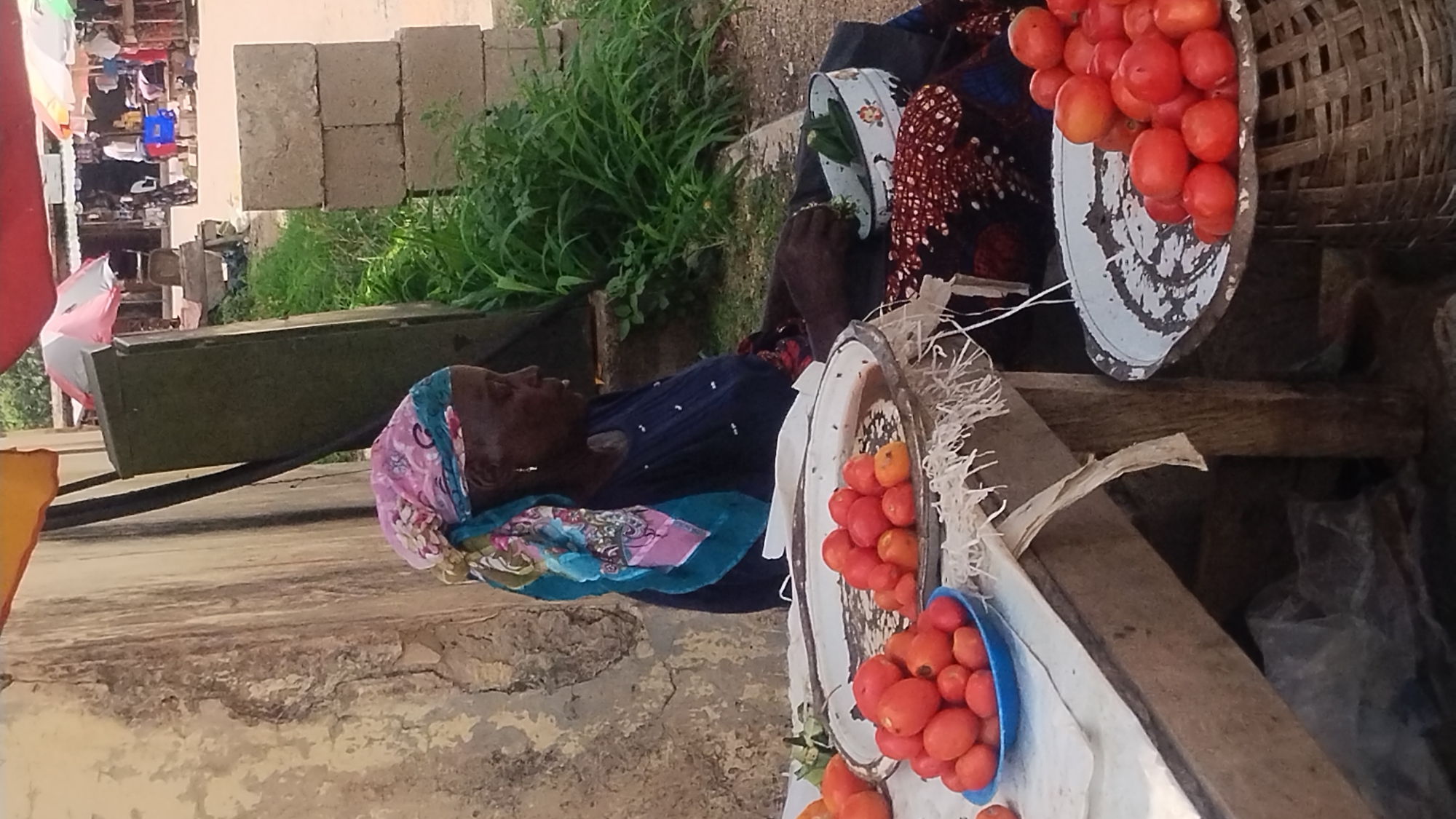 An older woman sits at a roadside stall in the New Stadium area of Nigeria, selling tomatoes. She wears a colorful headscarf and a dark-colored top. The tomatoes are displayed in various containers, including a blue bowl and metal trays. Some are also piled high in a woven basket. The stall is made of wood. The environment consists of buildings and vegetation in the background.