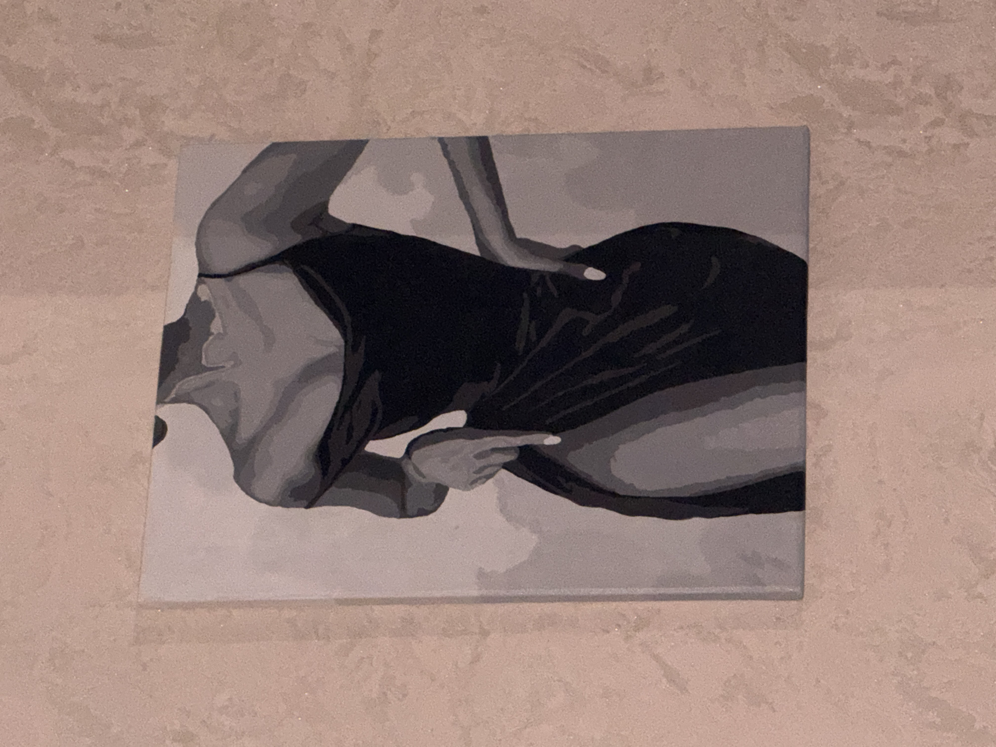 A canvas painting of a woman in a black dress is hung on a textured wall. The painting is rendered in grayscale with a minimalist style, focusing on the form and silhouette of the subject. The woman is depicted from the waist up, with one hand on her hip and the other pointing downwards. The dress has a high slit, revealing her leg. The wall appears to have a subtle sparkle or shimmer. The image was captured in an indoor setting. There is no information available to determine the specific location within the city of Saratov, Russia.