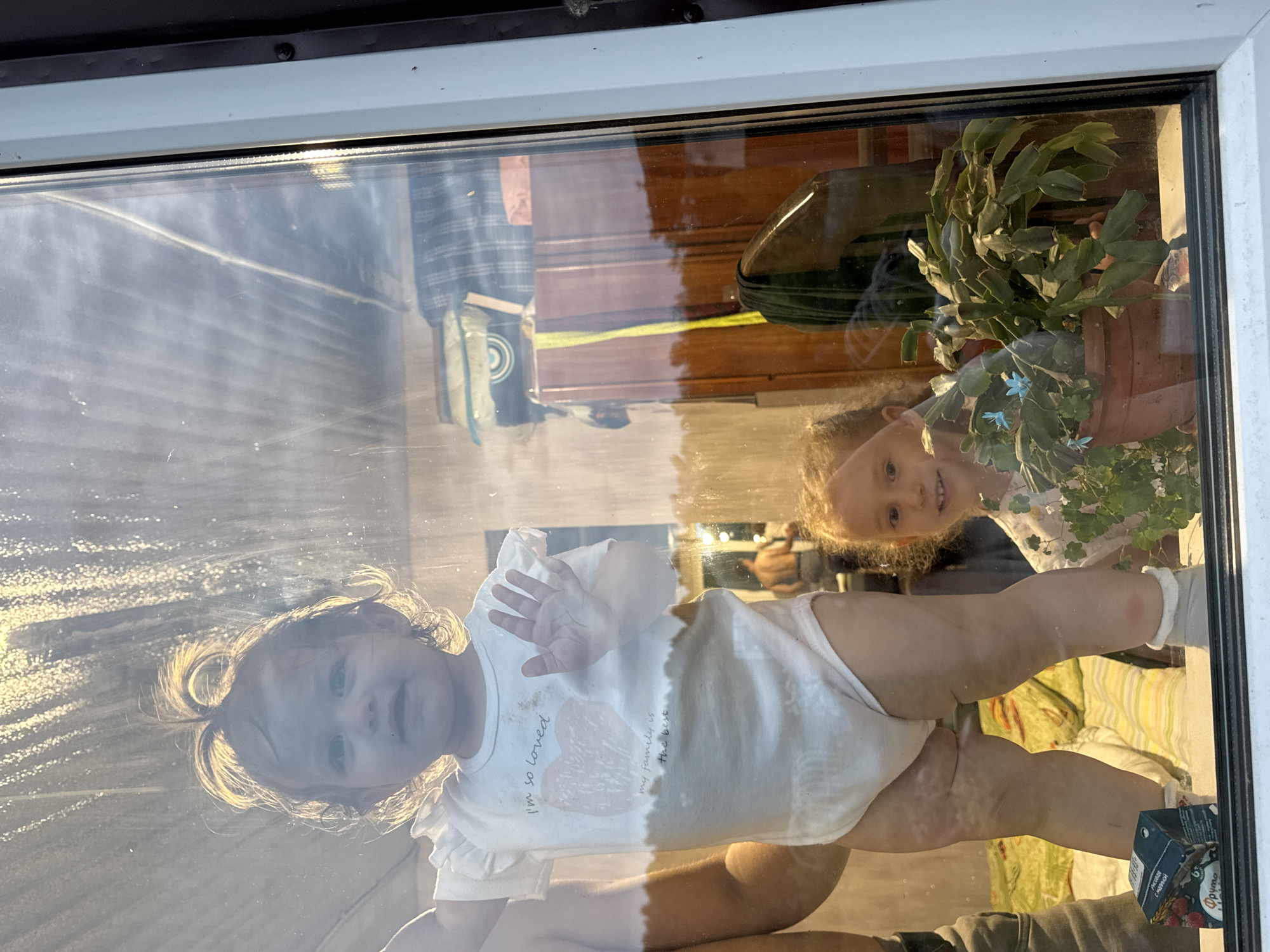 Two young children are pressed against a window, their faces and bodies visible in distorted reflection. A plant in a terracotta pot sits on a shelf behind them. The reflection of furniture and sunlight can be seen on the window. One child is wearing a light-colored shirt with the words "I'm so loved, my family is the best." The location is likely a residential area in Nizhnyaya Gar', Russia.