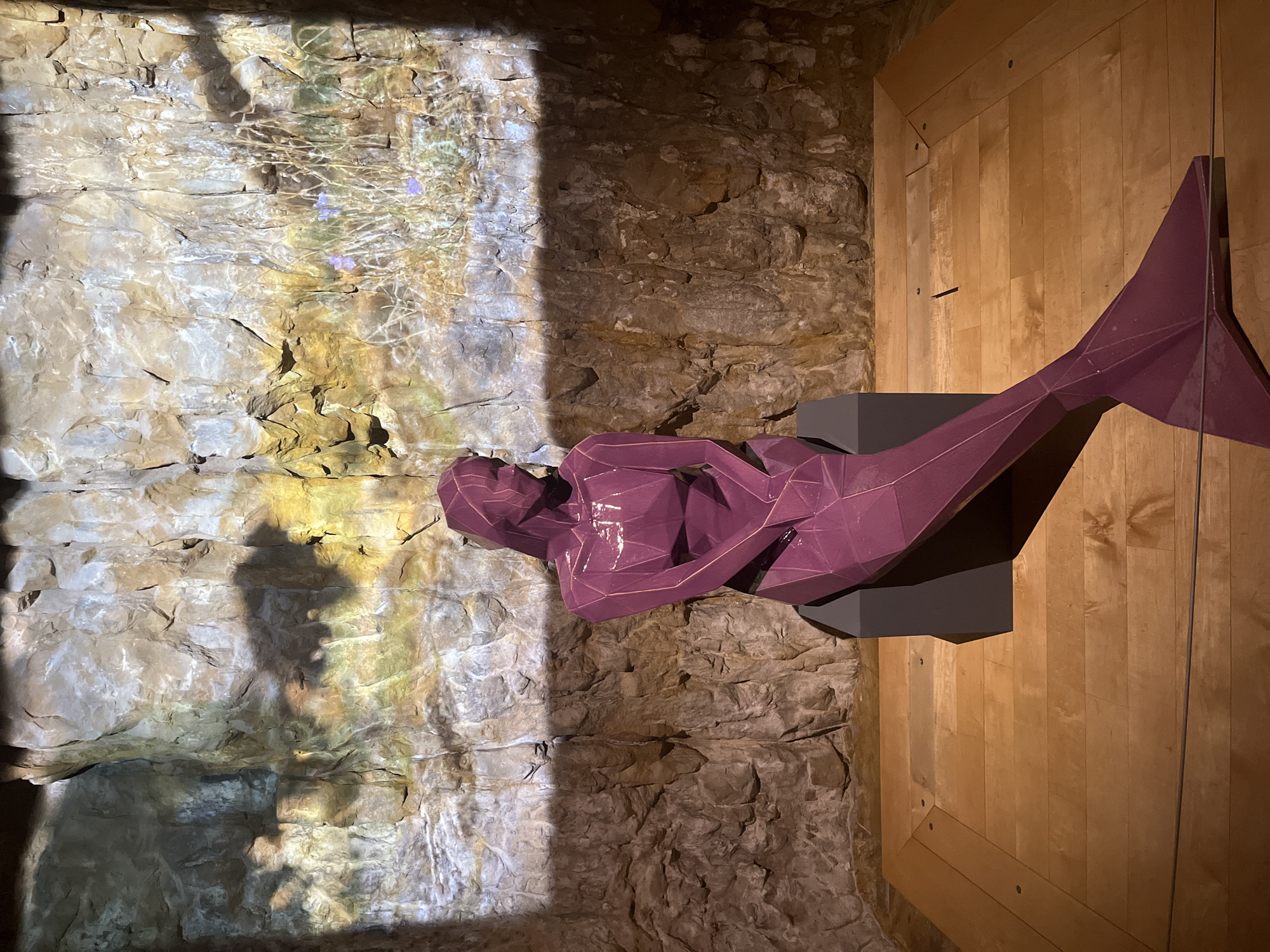 An indoor scene showcases a striking art installation within what appears to be a historic or natural stone environment. The image is vertically oriented, featuring a rugged, light-colored stone wall on the left and a smooth, light-toned wooden panel wall on the right.
Dominating the right side is a large, polygonal sculpture rendered in a deep pink or purple hue. The sculpture depicts a figure with a human-like torso and a voluminous, stylized fish-like tail, strongly resembling a mermaid or a mythological creature. It is crafted from a faceted material, giving it a geometric, low-poly appearance, and rests on a dark gray, rectangular pedestal.
The natural stone wall on the left exhibits rough, uneven textures with varying shades of brown, gray, and white. A bright, rectangular beam of light is projected onto this wall, creating dynamic patterns and splashes of color, including yellows, light blues, and hints of green. Within the illuminated areas, subtle details resembling dry foliage and small, faint purple flower-like shapes are visible, likely part of the light projection. A prominent, elongated shadow, possibly of a human figure in profile, is cast onto the stone wall within the projected light.
The wooden wall on the right is composed of vertical planks, suggesting a modern addition or renovation within the old structure. The setting implies an exhibition space or museum, combining ancient architecture with contemporary art. There is no visible text.
