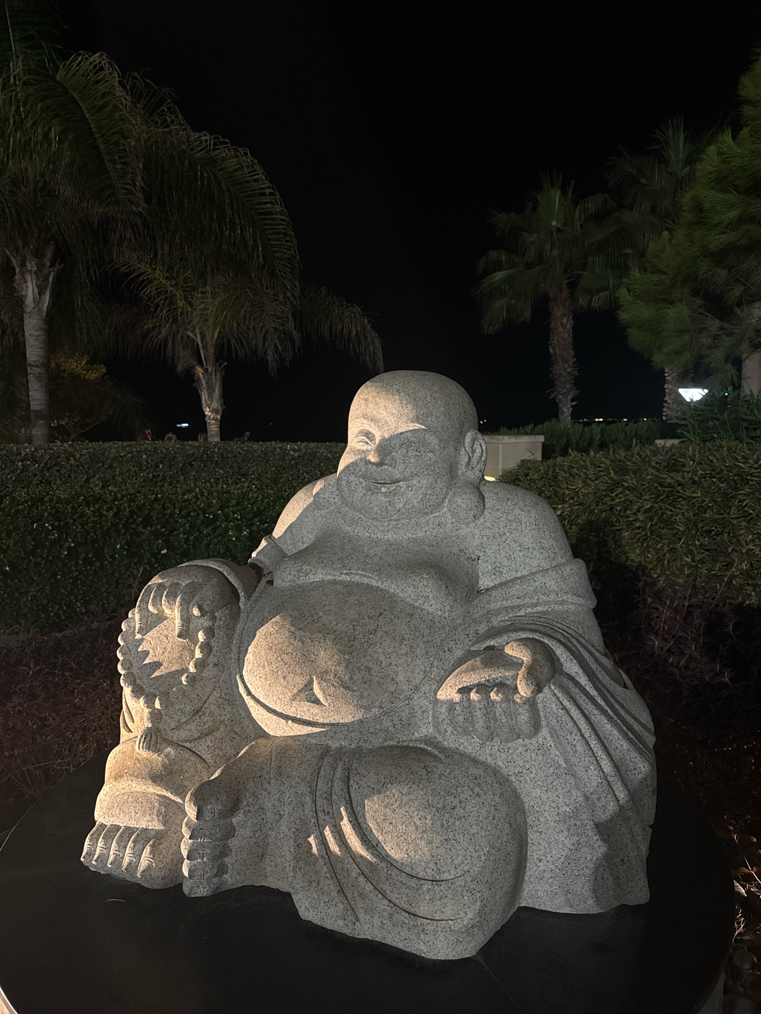 The image depicts a stone statue of a laughing Buddha positioned outdoors at night. The statue is large and sits in a cross-legged pose, with its belly prominent. It is illuminated by artificial light, casting shadows on its surface. Behind the statue, a dense green hedge forms a backdrop, with palm trees and other vegetation visible further behind. The overall setting suggests a garden or park area. The location of Agios Tychona Community, Cyprus, is provided as context for the image.