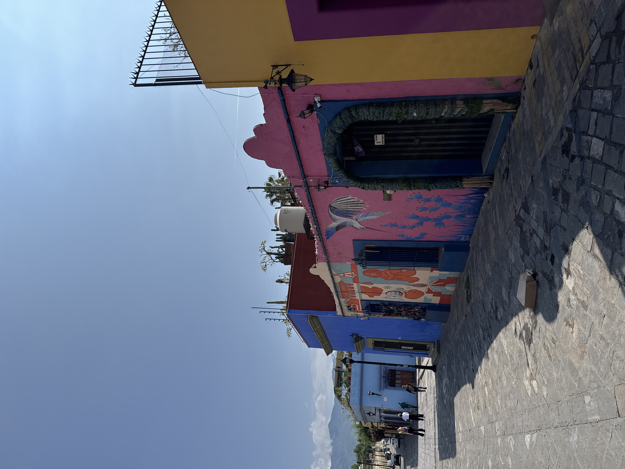 The image shows a street in Oaxaca City, Mexico, characterized by brightly colored buildings and a stone-paved street. The buildings are painted in various shades, including yellow, pink, blue, and purple. Several buildings display murals and artistic decorations. Some vegetation is growing on the buildings and rooftops. People are walking along the sidewalk. In the background, a mountain range is visible. The sky is clear blue. The street is shadowed on one side, while the buildings receive direct sunlight.
