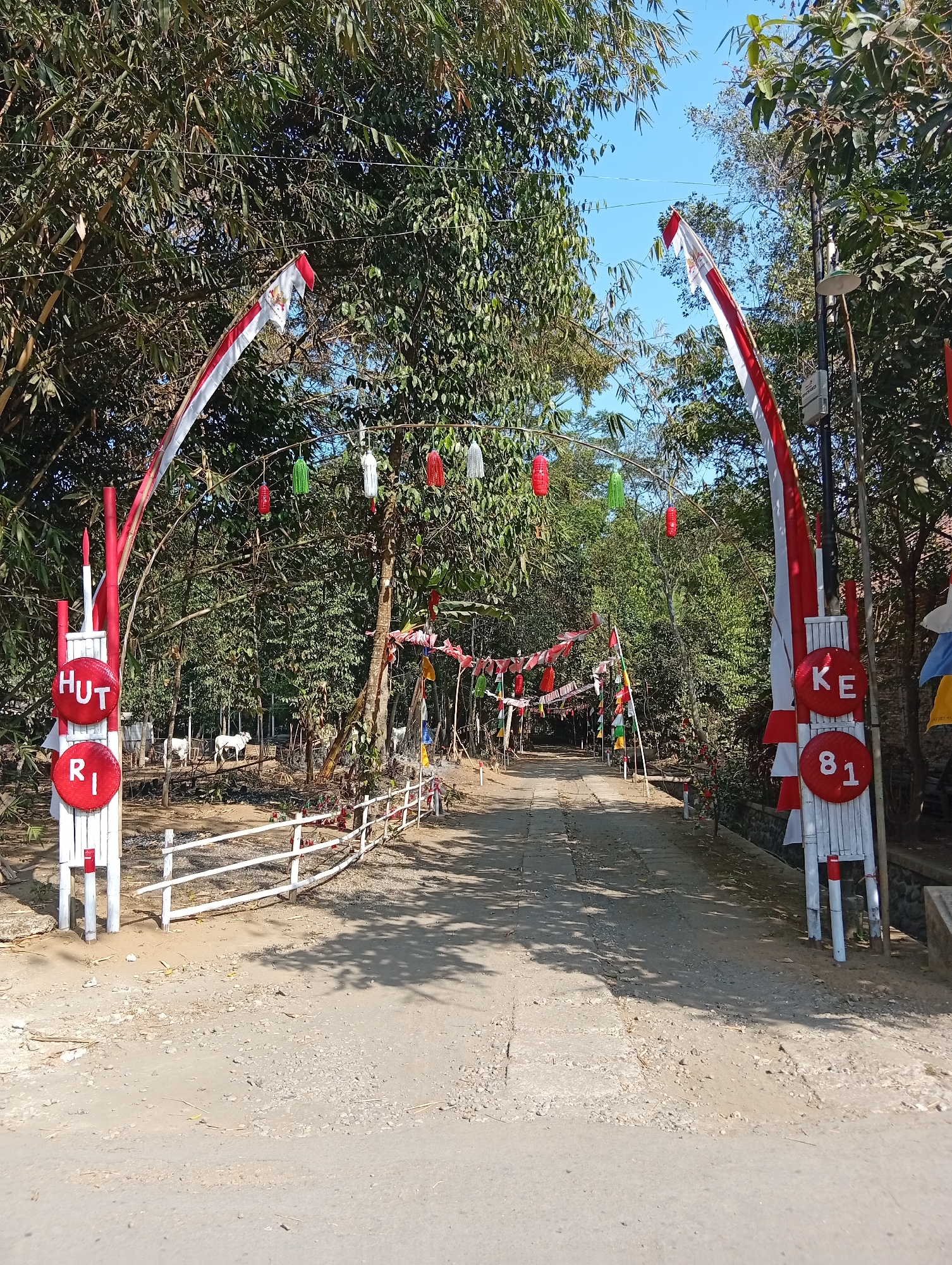 The image shows an outdoor scene on a dirt road in Miritpetikusan, Indonesia. The road is flanked by lush green trees and bamboo. Two decorative arches, adorned with red and white Indonesian flags and colorful lanterns, span the entrance to the road. On the left arch, a sign reads "HUT RI" in red circles. On the right arch, another sign reads "KE 81" in red circles. A white picket fence runs along the side of the road. In the background, several white goats are visible grazing. The sky is clear and blue. The overall impression is one of festive decoration for a local celebration.