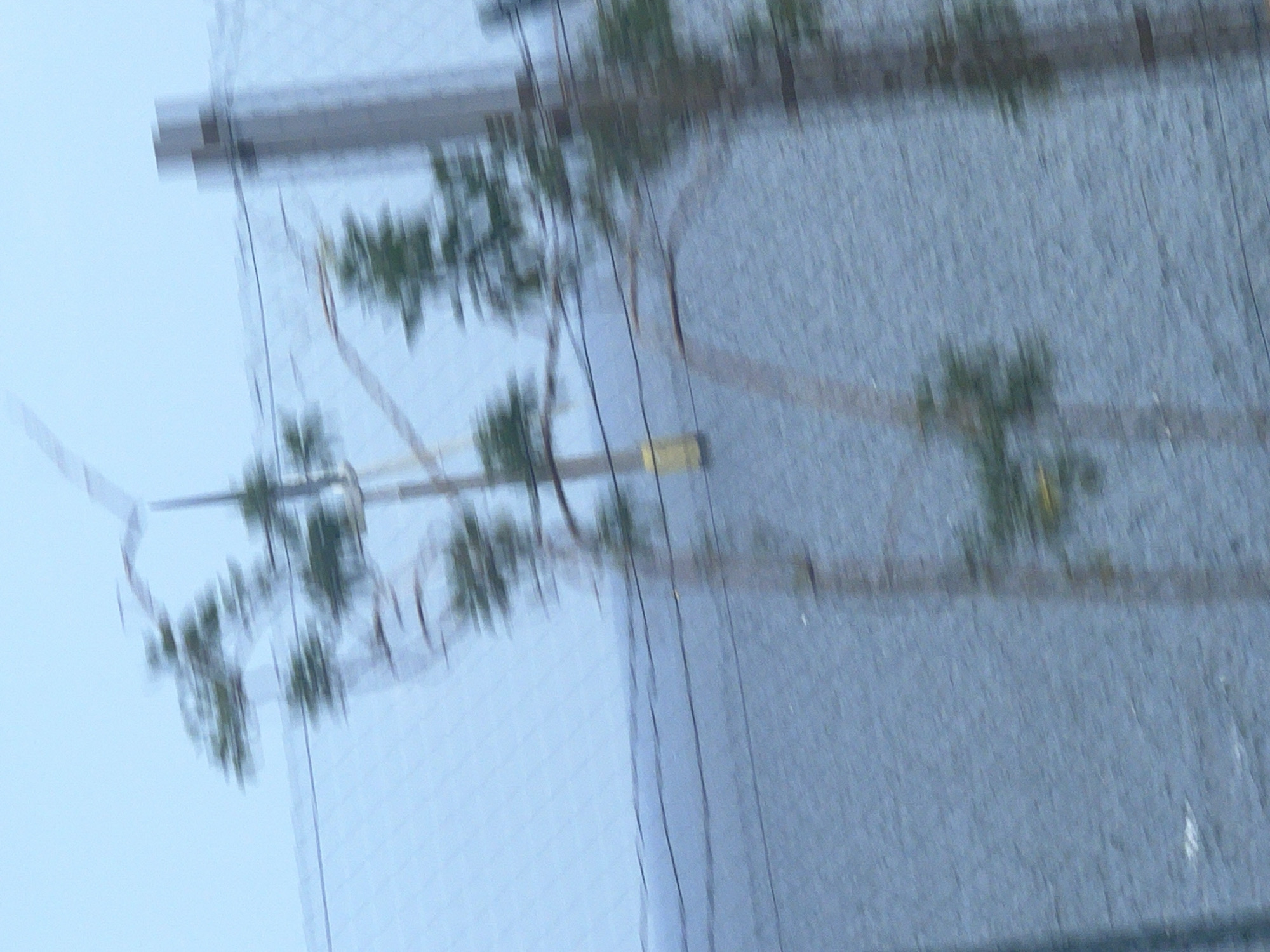 This heavily motion-blurred and tilted image captures an outdoor scene featuring elements of sky, vegetation, and a building facade. The upper-left and central areas are dominated by a soft, light blue sky, suggesting daylight conditions, possibly under an overcast or hazy sky given the diffuse lighting.
Streaks of green and brown, severely blurred, are identifiable as trees or foliage, with some indistinct branch-like forms extending into the frame. These trees appear both directly against the sky and as reflections on a large, textured surface to the right.
The right side of the image features what appears to be a reflective building facade or wall, showing a noticeable grid-like or netted pattern across its surface. This facade reflects the blurred vegetation and sky. Horizontal, elongated structural elements, possibly beams, scaffolding, or utility infrastructure, are visible across the upper portion of the image, further accentuated by the motion blur. Thin, dark lines, resembling wires or cables, traverse the scene. A small, indistinct yellow or orange rectangular object is vaguely visible in the lower-middle area.
The extreme motion blur throughout the image indicates that the photograph was taken from a rapidly moving perspective or with considerable camera shake. No human activity or discernible individuals are present, and no text is visible. While the location is provided as Las Palmas, Spain, there are no specific visual cues within the image itself to confirm this.