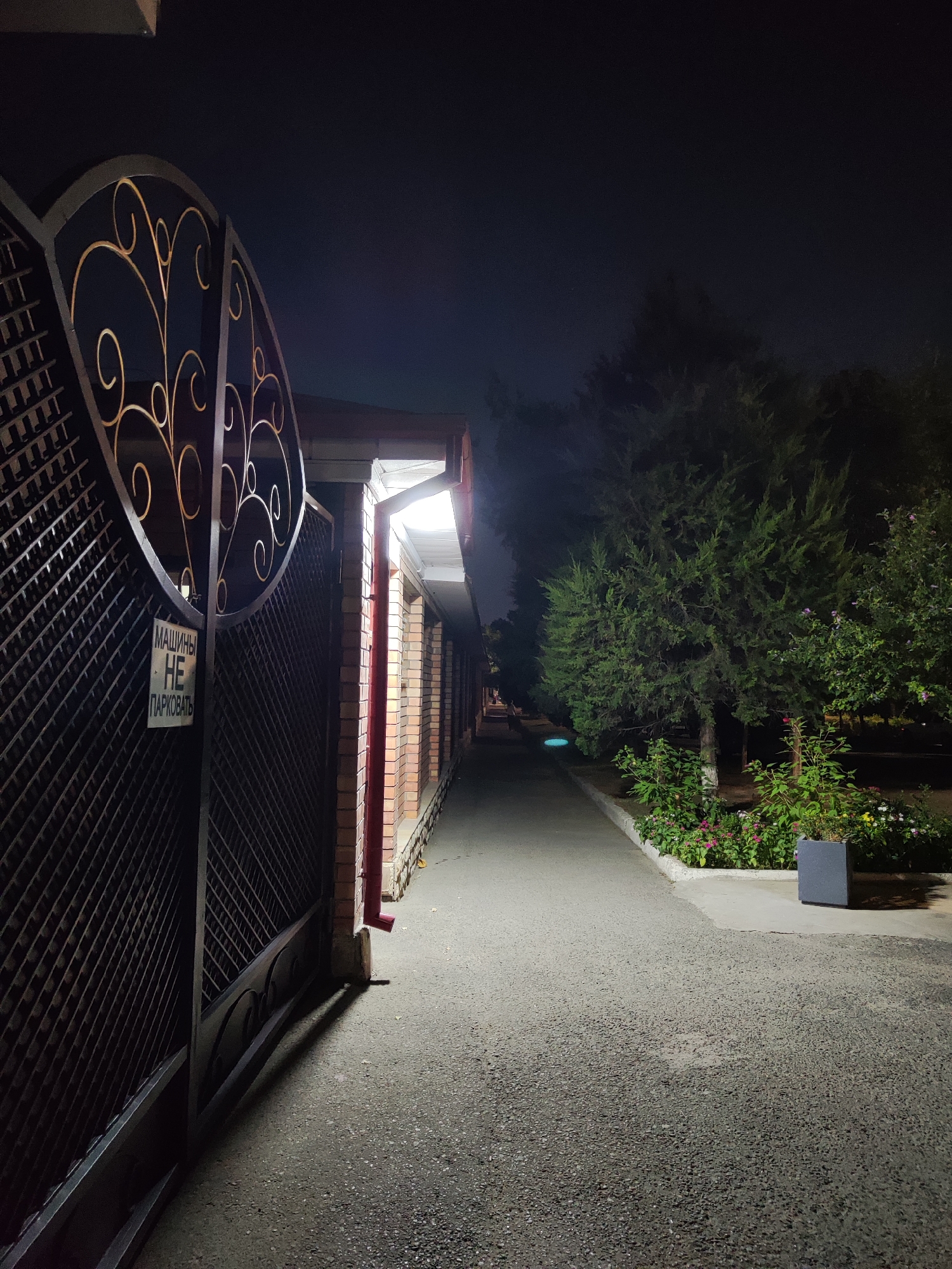 The image depicts a nighttime scene along a paved pathway adjacent to a brick building with a metal fence and gate. A sign on the gate reads "МАШИНЫ НЕ ПАРКОВАТЬ," which translates to "DO NOT PARK CARS." The pathway is illuminated by an overhead light source. To the right of the pathway, there are trees and a flower bed with blooming flowers. In the background, the pathway recedes into the darkness. The scene appears to be an outdoor area, possibly a courtyard or the side of a building. The sky is dark, indicating it is nighttime. The overall atmosphere is quiet and still. Given the language on the sign, the location is likely Tashkent, Uzbekistan.