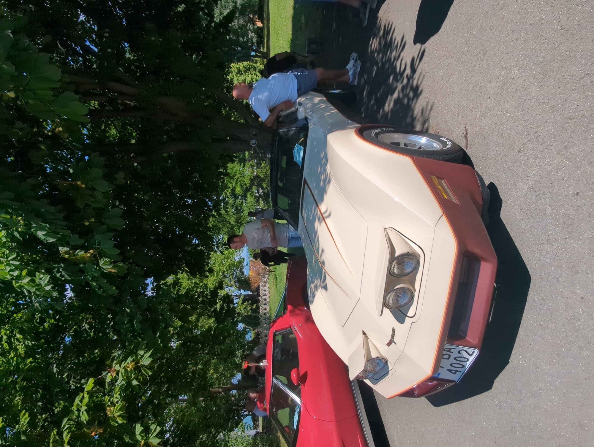 In a city park in Burgas, Bulgaria, a beige and maroon Chevrolet Corvette C3 is parked on an asphalt surface under the dappled shade of mature trees. The car, facing the viewer, has its headlights partially retracted, revealing a pair of round fog lamps. A license plate reading "BU 7 BA 4002" is mounted on the front bumper. To the left of the Corvette, a red Chevrolet Corvette C3 is visible, its driver's side facing the viewer. Several people are gathered around the cars, some standing and talking, while others are seated or leaning against the vehicles. The background consists of lush green grass, more trees, and a body of water, suggesting a waterfront park. The sky is clear and blue, indicating a sunny day.