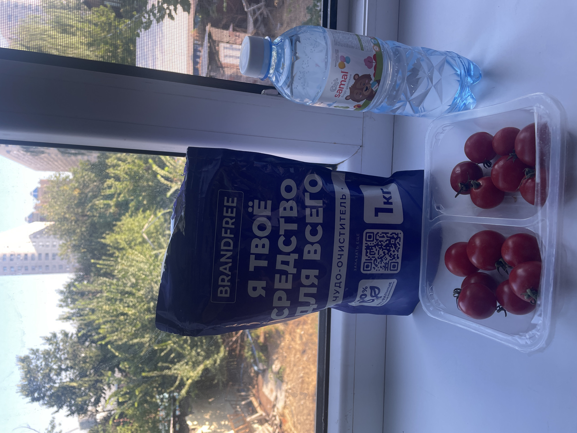 This is a medium shot, eye-level, horizontal photograph taken outdoors, possibly on a windowsill. The image features a blue bag of BrandFree product, a bottle of Samal drinking water, and a clear plastic container with cherry tomatoes. In the background, there is a blurred view of trees and buildings, suggesting an urban environment. The lighting indicates it is daytime, with sunlight coming from the left. The photo appears to be taken in the city of Almaty, Kazakhstan. The items are arranged on a white surface, possibly a windowsill, and there is a window with a screen behind them.