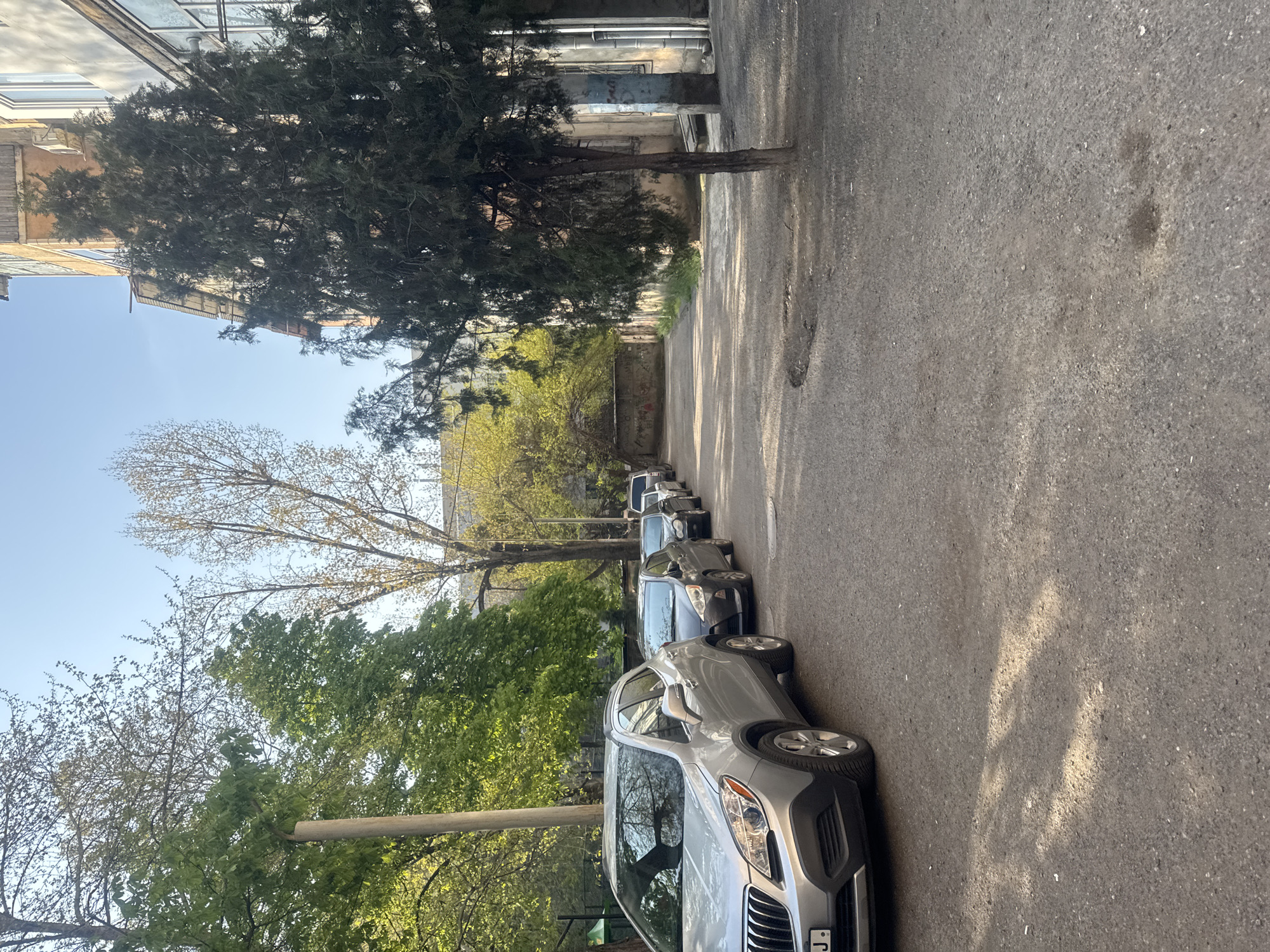 A street view in Tbilisi, Georgia shows a row of parked cars along the right side of a narrow asphalt street. The cars are mostly silver and black, and are parked close together. Trees line the left side of the street, casting shadows on the pavement. The buildings on either side of the street are visible in the background. The sky is light blue.