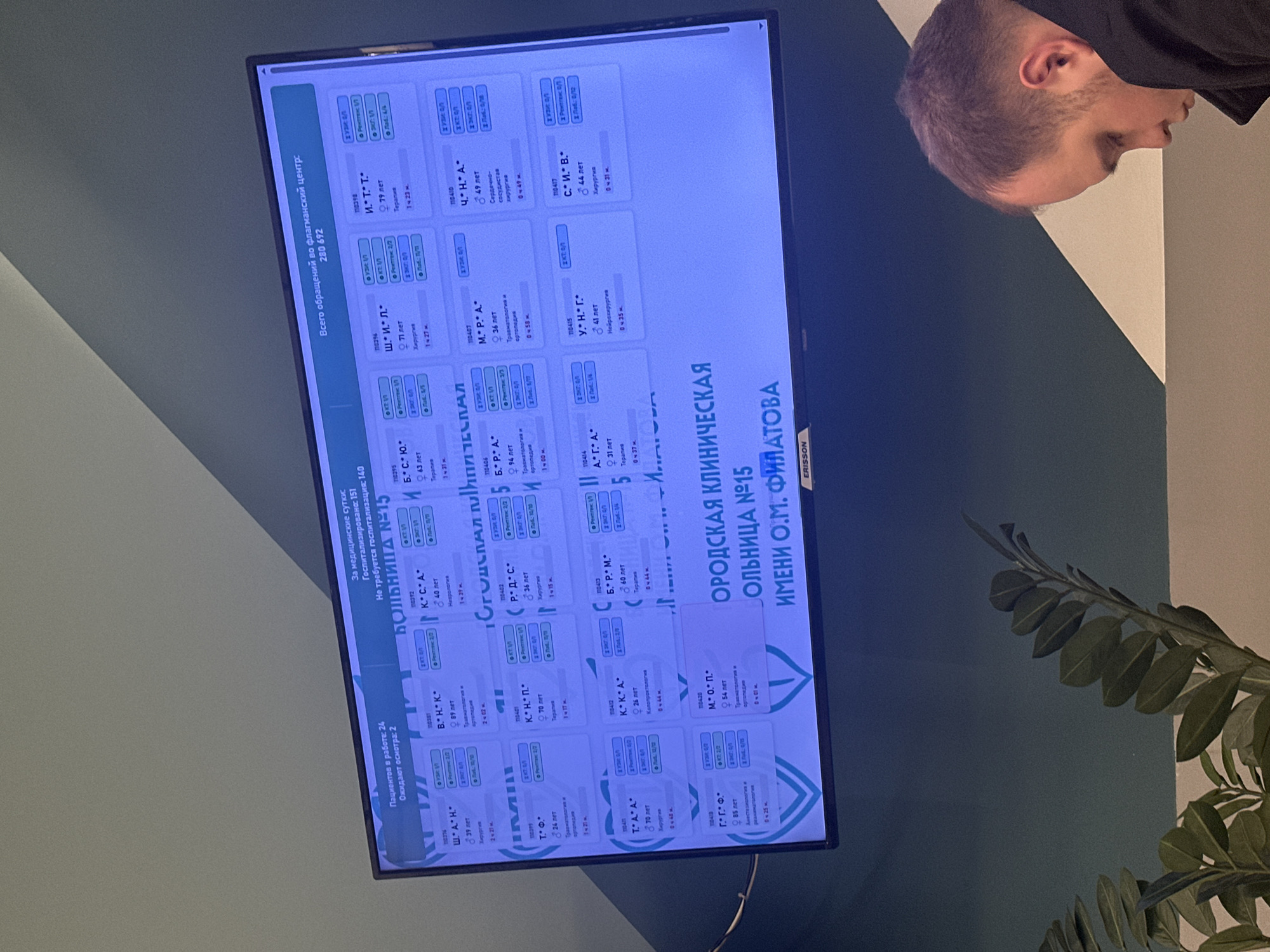 Here is a detailed description of the image:
**Scene:** The image shows a screen displaying patient information at what appears to be a medical facility. A person with short, light brown hair is partially visible in the upper right corner, looking towards the screen. A plant is also partially visible in the bottom right corner.
**Location:** Based on the text on the screen, the location is the "City Clinical Hospital No. 15 named after O.M. Filatov" (ОРОДСКАЯ КЛИНИЧЕСКАЯ БОЛЬНИЦА №15 ИМЕНИ О.М. ФИЛАТОВА)
**Patient Information:** The screen displays information about patients, including their names (initials only), ages, and medical specialties (e.g., Surgery, Traumatology, Therapy). Status updates, such as "waiting for examination" (ожидают осмотра), are visible.
**Statistics:** The screen indicates that there are 24 patients currently being treated, with 2 awaiting examination. It also displays statistics for the medical day, including 151 hospitalizations and 140 patients not requiring hospitalization. The total number of visits to the flagship center is stated as 280,692.