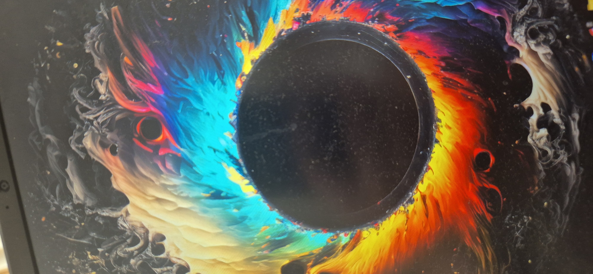 The image displays a laptop screen showing a vibrant, abstract digital artwork. At the center is a dark, circular shape resembling a black hole, surrounded by an explosion of colors: blue, yellow, orange, and red. These colors blend and swirl in a dynamic, chaotic manner, contrasting with the stark blackness of the central circle. The edges of the artwork fade into a darker background, interspersed with white, cloud-like formations. The location in the city is unknown.