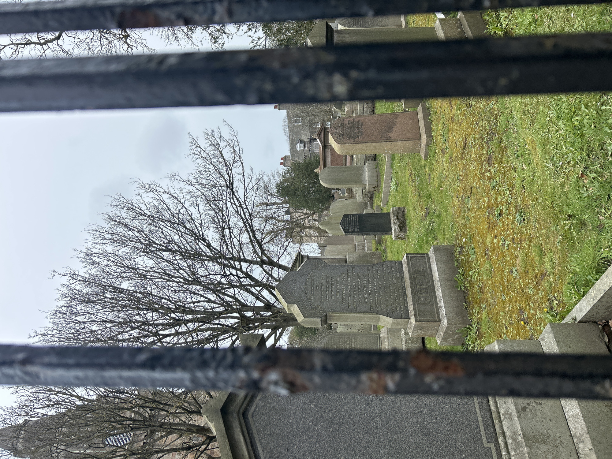 This eye-level, medium shot, viewed through a corroded metal fence, depicts a graveyard. The foreground is dominated by the fence, its dark metal bars obscuring parts of the view. Beyond the fence, several tombstones are visible, varying in size and shape. One of the larger, more prominent tombstones features etched inscriptions, including the name "ALEXANDER HOSIE" and dates. Moss grows on some of the surfaces, suggesting a humid climate. A leafless tree stands behind a number of tombstones. In the background, buildings with red roofs and white windows are visible in Aberdeen City, United Kingdom. The sky is overcast.