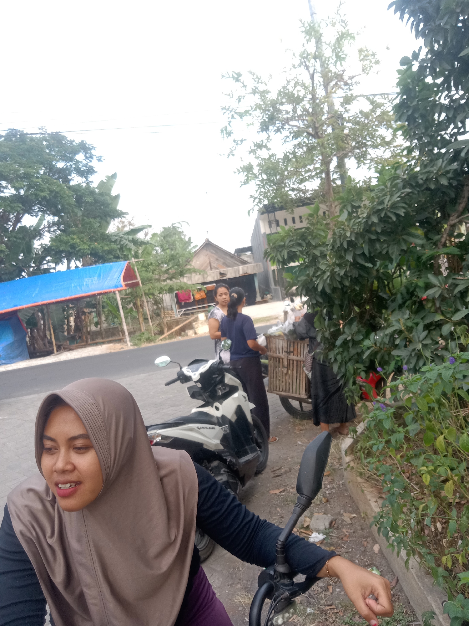In the city of Sugihwaras, Indonesia, a street scene unfolds with a woman in a brown hijab in the foreground, seated on a motorcycle. Her head is turned to the left, and she appears to be speaking or smiling. She is wearing a dark long-sleeved shirt and a purple undergarment. The motorcycle, white and black, is parked on a paved surface.
Behind her, two other women are visible. One, wearing a dark blue t-shirt and dark pants, stands facing away from the camera. The second woman, in a light-colored patterned t-shirt, is positioned between them, looking towards the first woman.
Further in the background, a wooden cart with various items is present, partially obscured by lush green foliage. To the left, a blue tarp covers a structure, suggesting a temporary stall or shelter. The environment is characterized by trees, vegetation, and what appear to be residential buildings with visible windows and roofs. The sky is bright and overcast. The overall atmosphere suggests a casual, daytime street activity.
