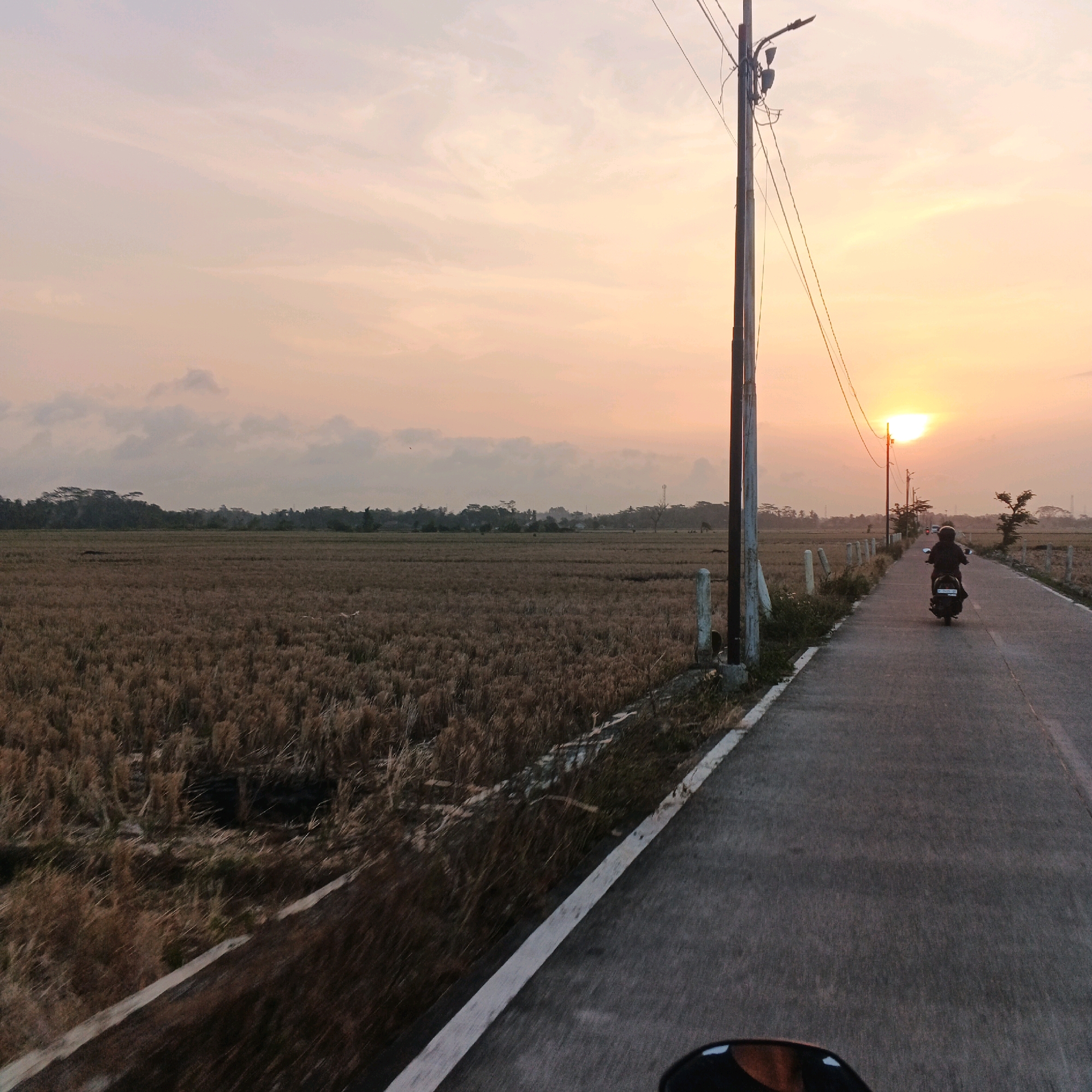 An individual is riding a motorcycle on a paved road during sunset in Kalikudi, Indonesia. The road runs alongside a dry rice field, which is a typical agricultural landscape in the area. The sky is illuminated with soft, warm colors from the setting sun, casting a serene atmosphere over the scene. Utility poles with wires are visible along the side of the road, suggesting the presence of infrastructure in this rural setting. The overall impression is one of a peaceful commute or journey through the Indonesian countryside.