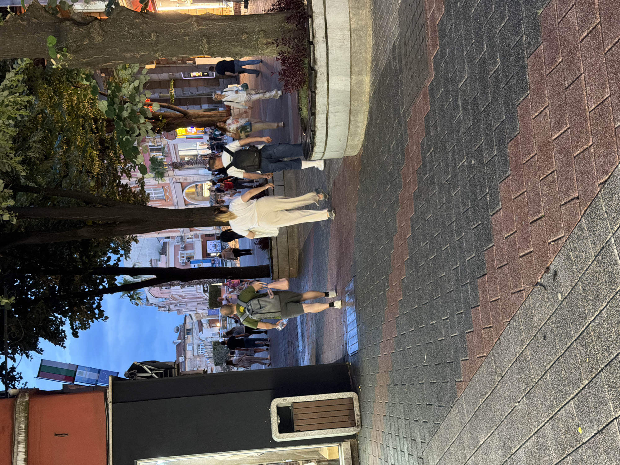 This image depicts a vibrant evening scene on a pedestrian street in Plovdiv, Bulgaria, during twilight hours. The sky above is a clear blue, transitioning into night, while artificial lights from street lamps and buildings illuminate the surroundings.
Numerous people are seen casually strolling along the paved street. Among them, a man in a green shirt, shorts, and a backpack is visible, holding a bottle. Another couple consists of a woman in a white top and beige pants walking near a man with a black backpack and jeans. Various other pedestrians, in small groups or individually, can be observed further down the street, indicating a lively atmosphere.
The ground is intricately paved with rectangular tiles in contrasting shades of red-brown, dark grey, and lighter grey, creating a distinct pattern. Trees with dense foliage and thick trunks line the pedestrian area, interspersed with planters containing smaller shrubs. In the foreground, a dark, modern structure with a built-in wooden-slatted bin or bench is prominent.
Buildings in the background display traditional European architecture, featuring illuminated windows and arched entrances. High above, against the evening sky, both the national flag of Bulgaria (white, green, and red horizontal stripes) and the European Union flag (blue with a circle of yellow stars) are flying, providing clear location cues. The scene conveys a sense of a pleasant, relaxed urban evening. No discernible text is clearly visible on signs or banners.