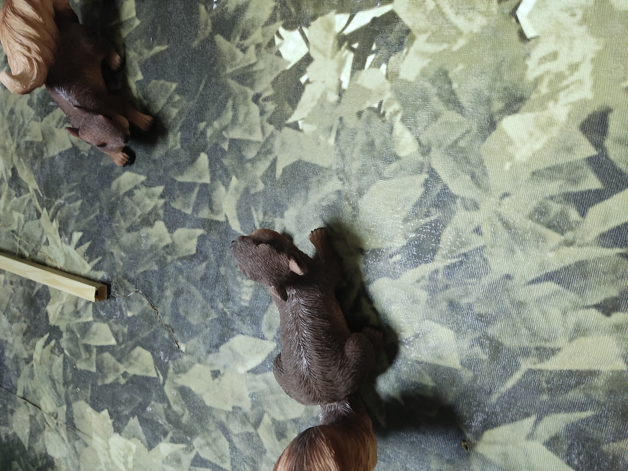 Two decorative squirrel figurines are positioned on a textured, camouflaged surface. The figurine in the foreground, viewed from above and slightly to the side, is dark brown with a bushy tail. It is lying on its belly with its head turned to the right. The second figurine, partially visible in the upper right portion of the image, is lighter brown and appears to be in a similar pose, facing left. A thin, light-colored wooden stick or dowel is positioned diagonally across the upper left quadrant of the image. The background surface has a pattern of light and dark irregular shapes, resembling foliage or camouflage. The image does not provide any specific details or context that would allow for the determination of its location in Noginsk, Russia, or any other specific geographical location.