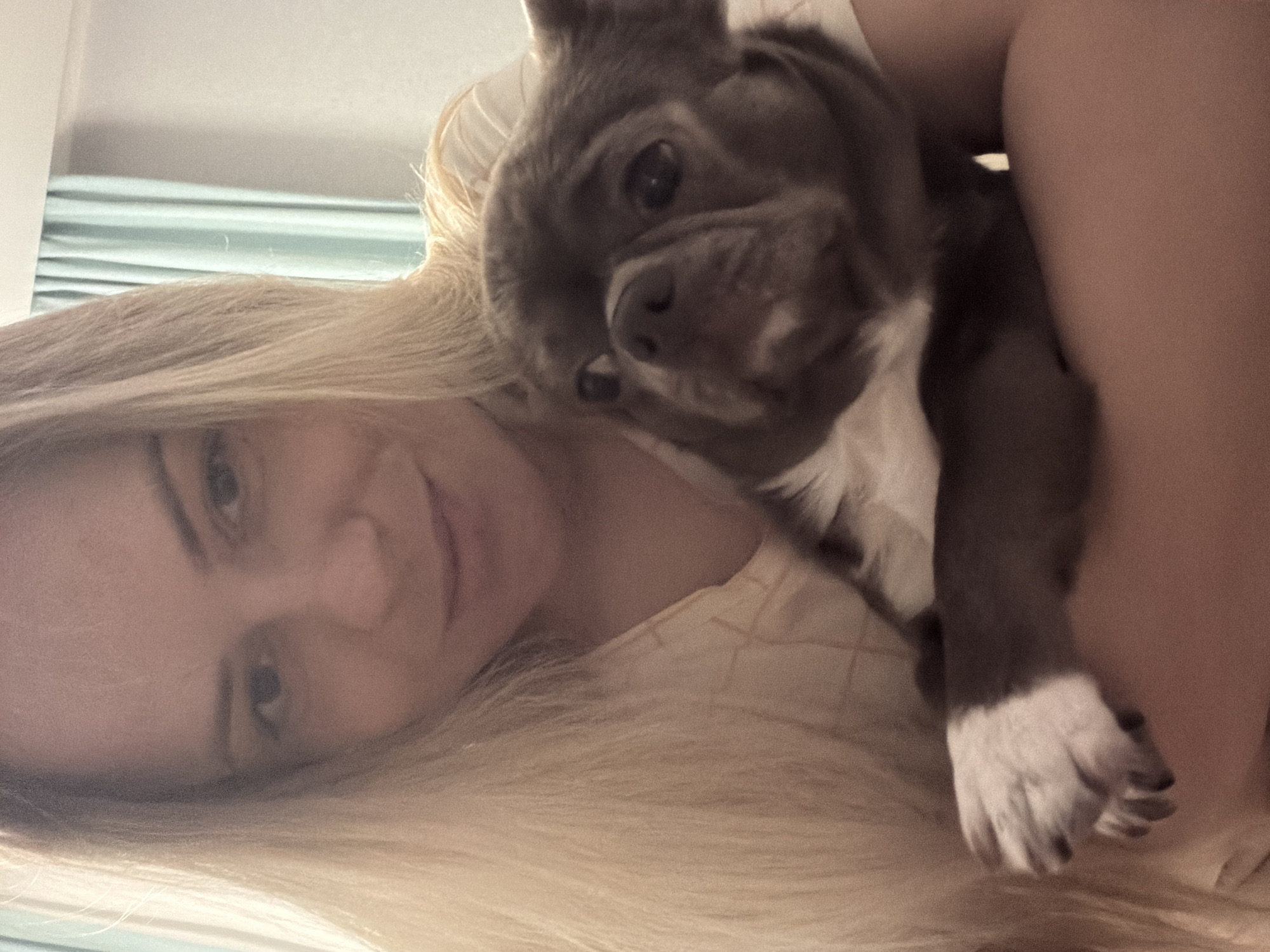 A woman with long, blonde hair is lying down with a grey and white French Bulldog puppy resting on her chest. The scene appears to be indoors, possibly in a bedroom, given the visible portion of a bed with light blue sheets. No information suggests the scene is in Votkinsk, Russia.